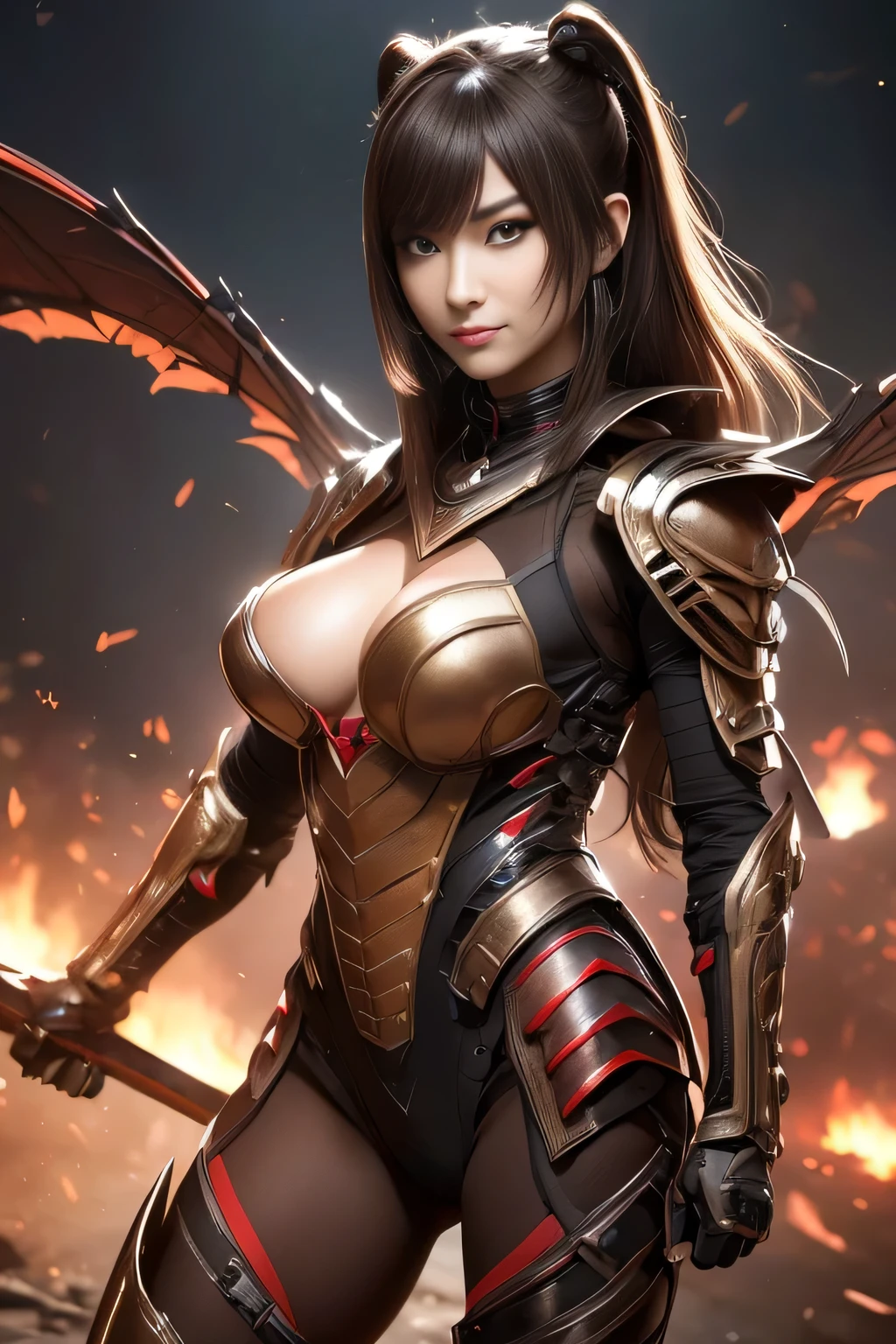 (High resolution,masterpiece,highest quality,Very detailed CG, anime, official art:1.4), realistic, photograph, amazing detail, everything is complicated, shiny and glossy,Amazing number of layers, 8K wallpaper, 3D, sketch, cute, figure,( alone:1.4), perfect female proportions,villain's daughter, (Fusion of dark brown cockroach and lady:1.4), (brown cockroach woman:1.2), (brown cockroach woman:1.2), (Fusion:1.2), (alone:1.4), (evil smile:1.2), muscular, abs, (Cockroach brown exoskeleton bio insect suit:1.4), (Cockroach brown exoskeleton bio insect armor:1.2), (brown transparent cockroach feathers:1.4), (Antennae of brown cockroaches:1.3),