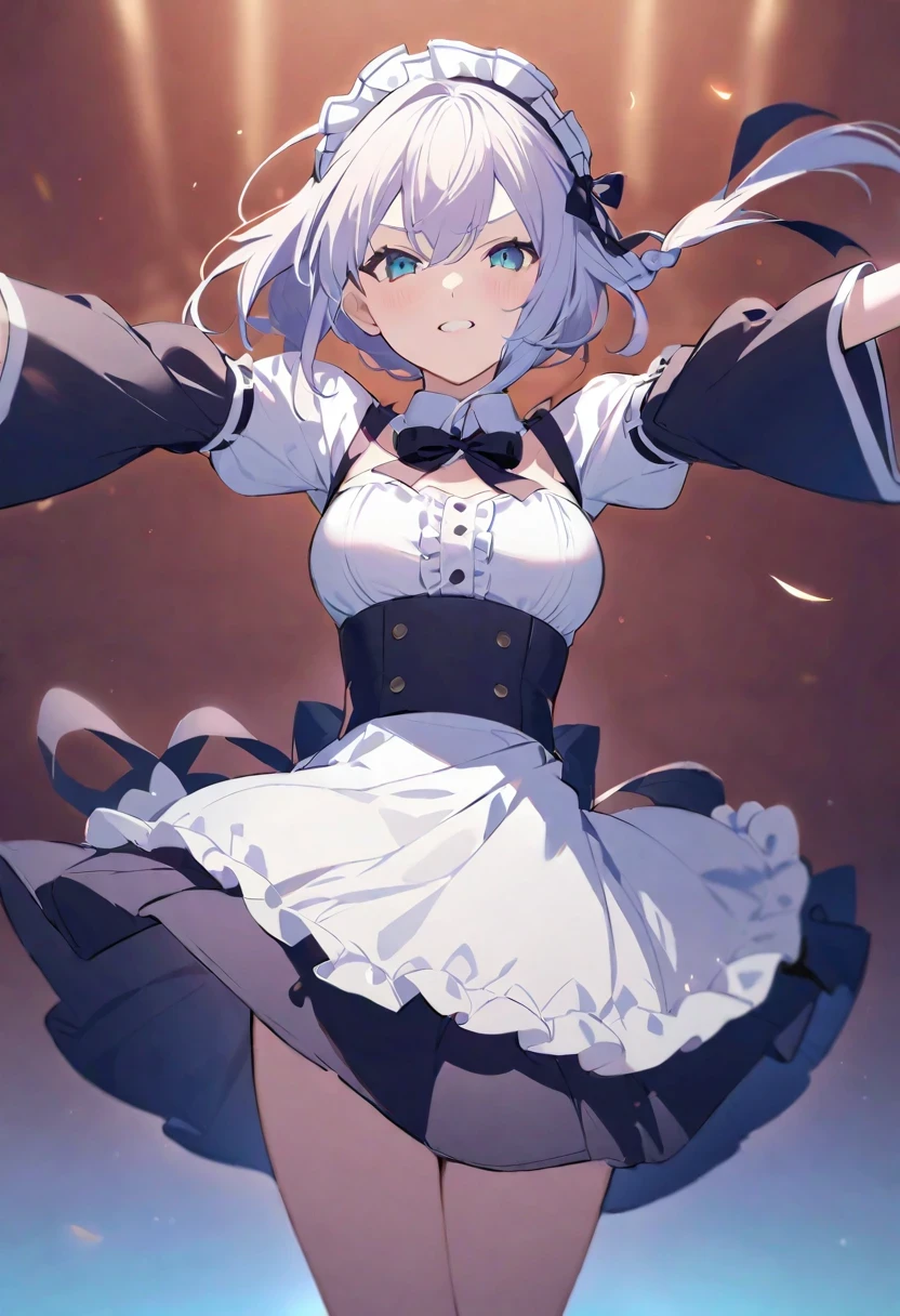 Shirakami Fubuki/(Holographic live broadcast/),（best quality)，（detailed), (1 girl),white stockings, Short hair details，black hair color hair，medium breasts，maid outfit，Lift up skirt to reveal underwear，Shy，shame