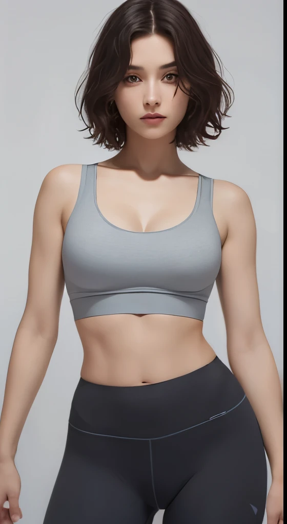 cinematic lighting、perfection、soft light、high resolution skins:1.2、realistic skin texture、30 year old mature woman、small face、no makeup、bust B cup、、detailed beautiful brown eyes、short hair、dark brown hair、beautiful skin、Slender body type、super model body shape、sports bra、ladies leggings、cool beauty、gray background
