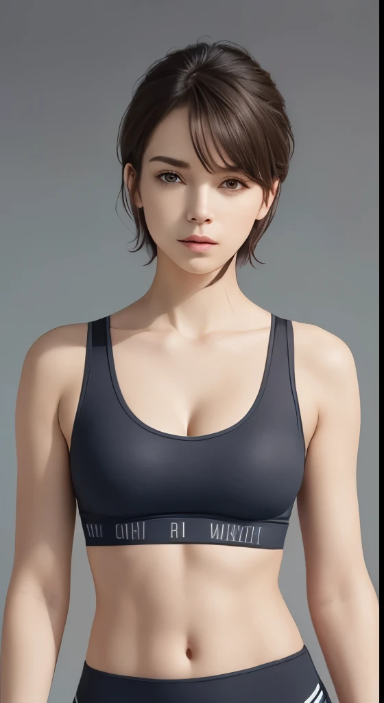 (Representative works:1.4)、(8k、realistic、RAW photo、best image quality:1.4)、超High resolution、超realistic、High resolution、golden ratio、30 year old mature woman、small face、no makeup、A well-formed and beautiful face、、short cut hair、dark brown hair、Detailed beautiful eyes、small breasts、bust B cup、beautiful skin、Slender body type、super model body shape、sports bra、ladies leggings、Gray background