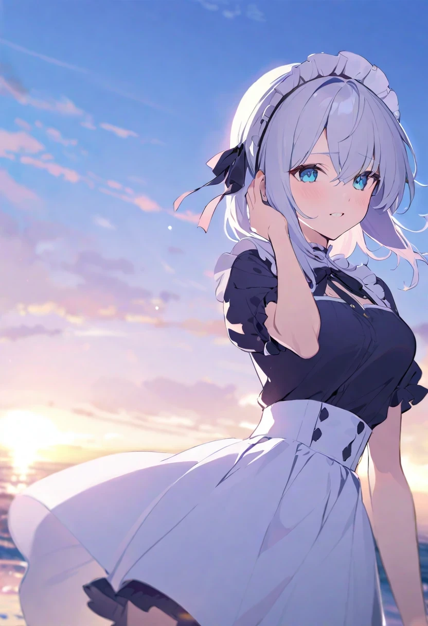 Shirakami Fubuki/(Holographic live broadcast/),(best quality),(detailed), (1 girl),white stockings, Short hair details,black hair color hair,medium breasts,maid outfit,Lift up skirt to reveal underwear,Shy,shame