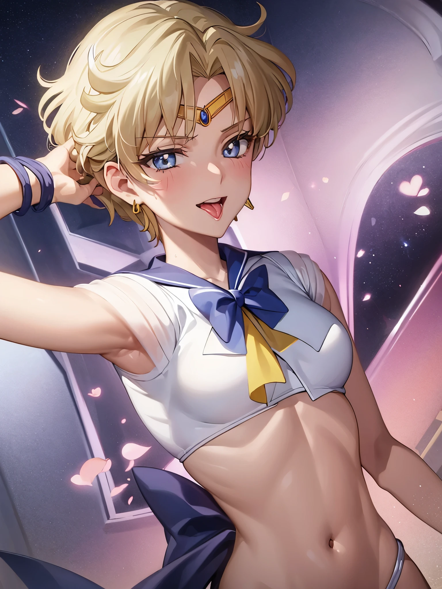 (masterpiece), highest quality, expressive eyes, perfect face, open your mouth, cum on tongue, cum in mouth, tongue, tongue out, short hair, blush, smile, Ahegao, medium breasts, short hair, Sailor Moon Uranus, blonde, blush, Sweat