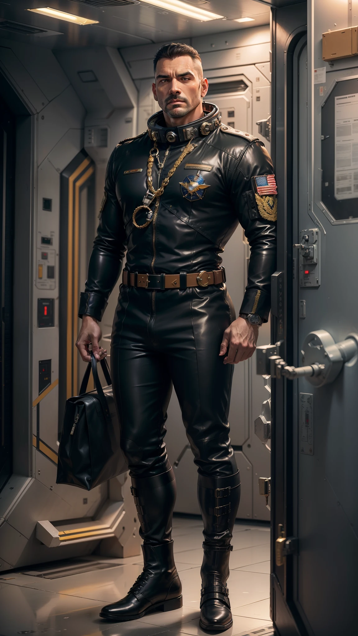 ((photorealism, high quality, detail, masterpiece, best quality:1.2)), (full body, full height) European strongman (40 years old), ((appearance of David Gandhi)) attractive facial features,short black hair and gray eyes, strong build, tanned skin, (((black military flight suit (uniform) made of fabric (leather))), heavy flight boots, ship commander ((space fleet)), advanced spaceships, dynamic composition, bright colors, scientific andfantastic atmosphere,