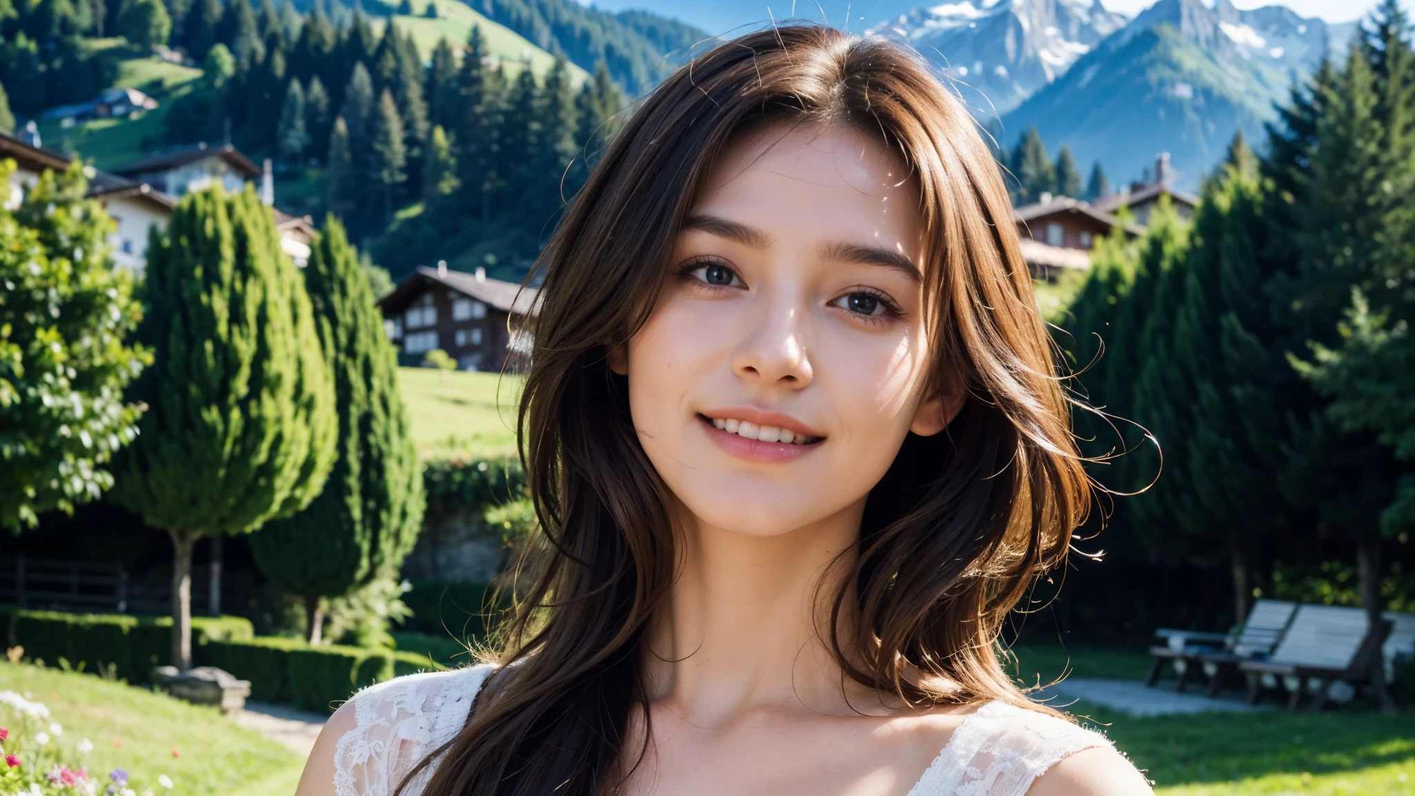 masterpiece, Best Quality, Photorealistic, Ultra-detailed, finely detailed, High resolution, 8K Wallpaper, 1 beautiful woman, light brown hair, sharp focus, Perfect dynamic composition, Beautiful detailed eyes, detailed hairs, Detailed realistic skin texture, Smiling, portrait, Model body type, Take a walk in a small village of Switzerland,