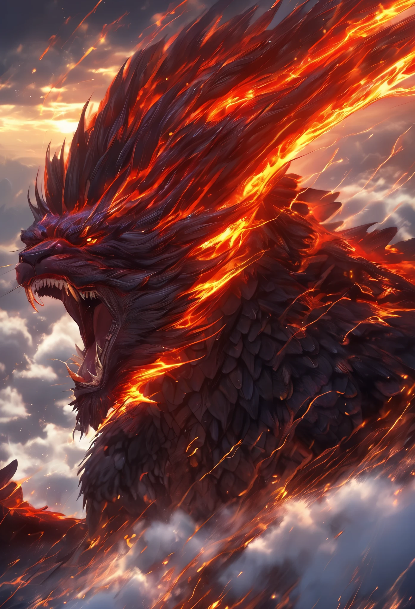 （A huge scaly hellbringer：1.4），Look at me condescendingly，contempt，Hate，The long hairs of flames flutter in the wind，（Two claws jump fighting：1.4），dynamic lines，ugly face，Lightning streaked across the sky，Underfoot is a thick sea of clouds，（blood pool），（（Blood drips from between the paws）），（stereoscopic perspective：1.4），masterpiece，Super fine，4K resolution，high quality，light，High picture details，