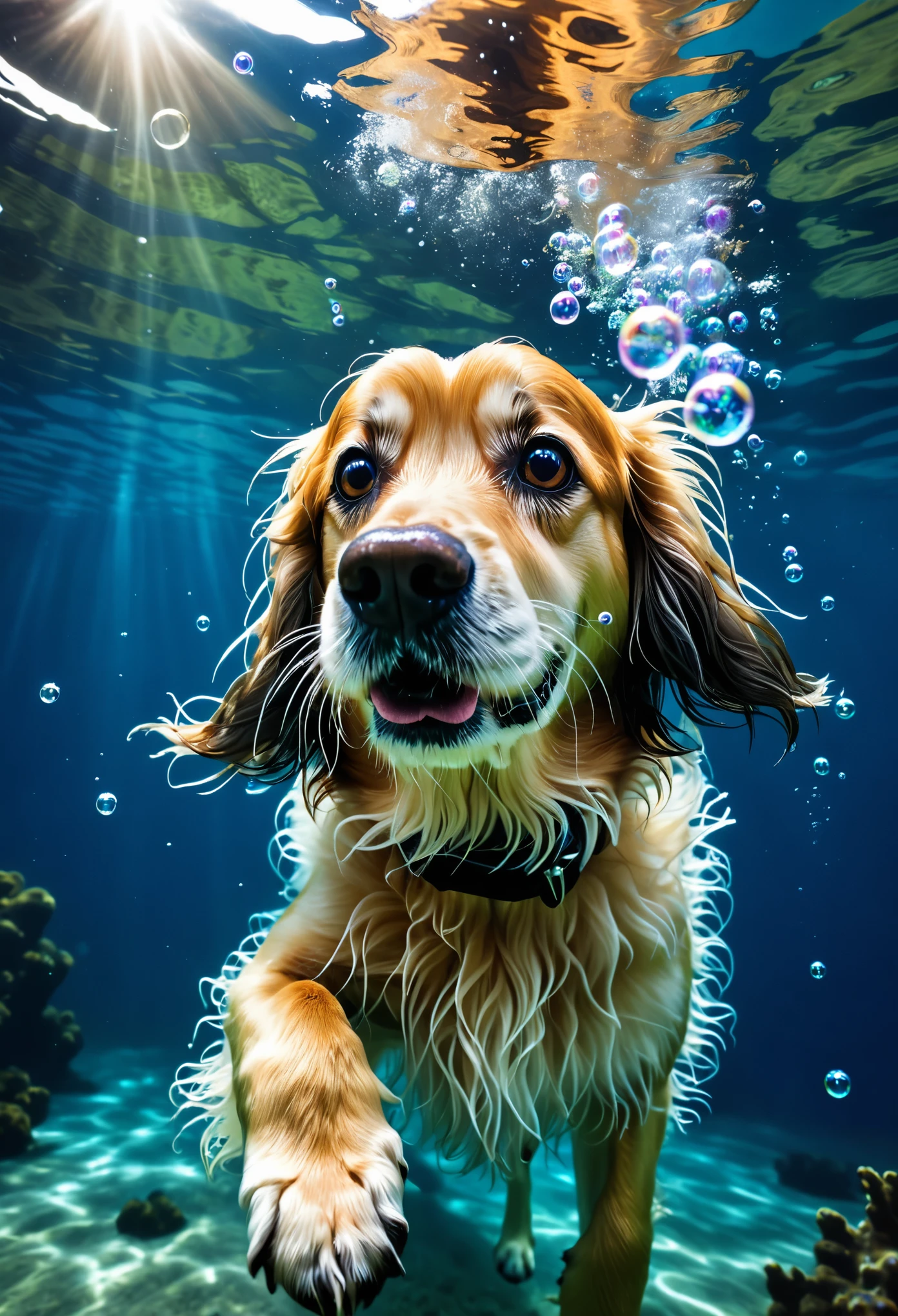 Swimming long hairy dog, underwater, diving, bubbles, high quality, depth of field, ultra detailed photo