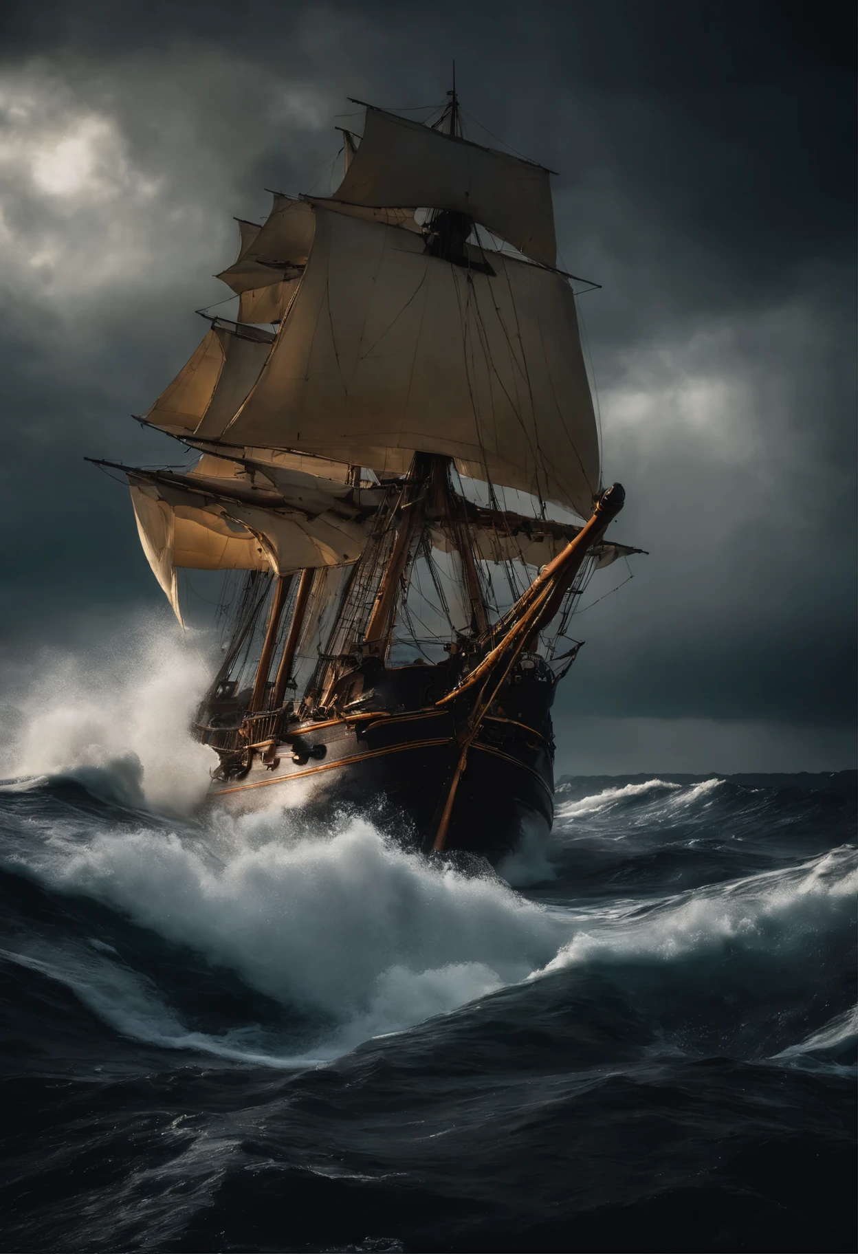 (realistic,cinematic:1.2), Portugeuese ship passing through a great storm, age of discoveries, turbulent waves, powerful winds, dark and ominous clouds, dramatic lighting, intense rain, crashing thunder, sail flapping in the wind, sailors struggling to hold on, spray of water hitting the ship, roaring sea, epic adventure, historical voyage, high seas, brave explorers, treacherous journey, fearless captain, determination, wooden ship, sails billowing, saltwater stinging the face, lightning illuminating the skies, atmosphere filled with anticipation, ancient map, compass, distant land on the horizon, vast ocean, heavy rain pouring down, swirling whirlpools, thunderous sound of waves crashing against the ship, towering waves, immense power of nature, white foam on the water, sense of danger, cinematic composition, immersive experience, dynamic angles, detailed craftsmanship, vivid colors, dramatic contrast, moment frozen in time, mesmerizing spectacle.