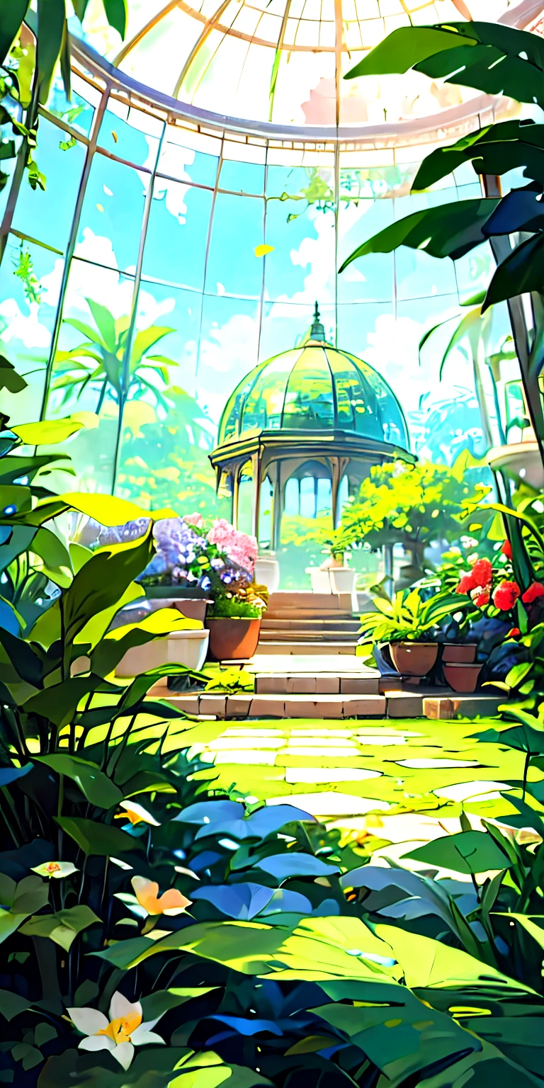 (highest quality, masterpiece, Super realistic), Indoor Botanical Garden, dome, jungle、lots of flowers, The background scenery is a garden with petals and butterflies flying around.. --v6
