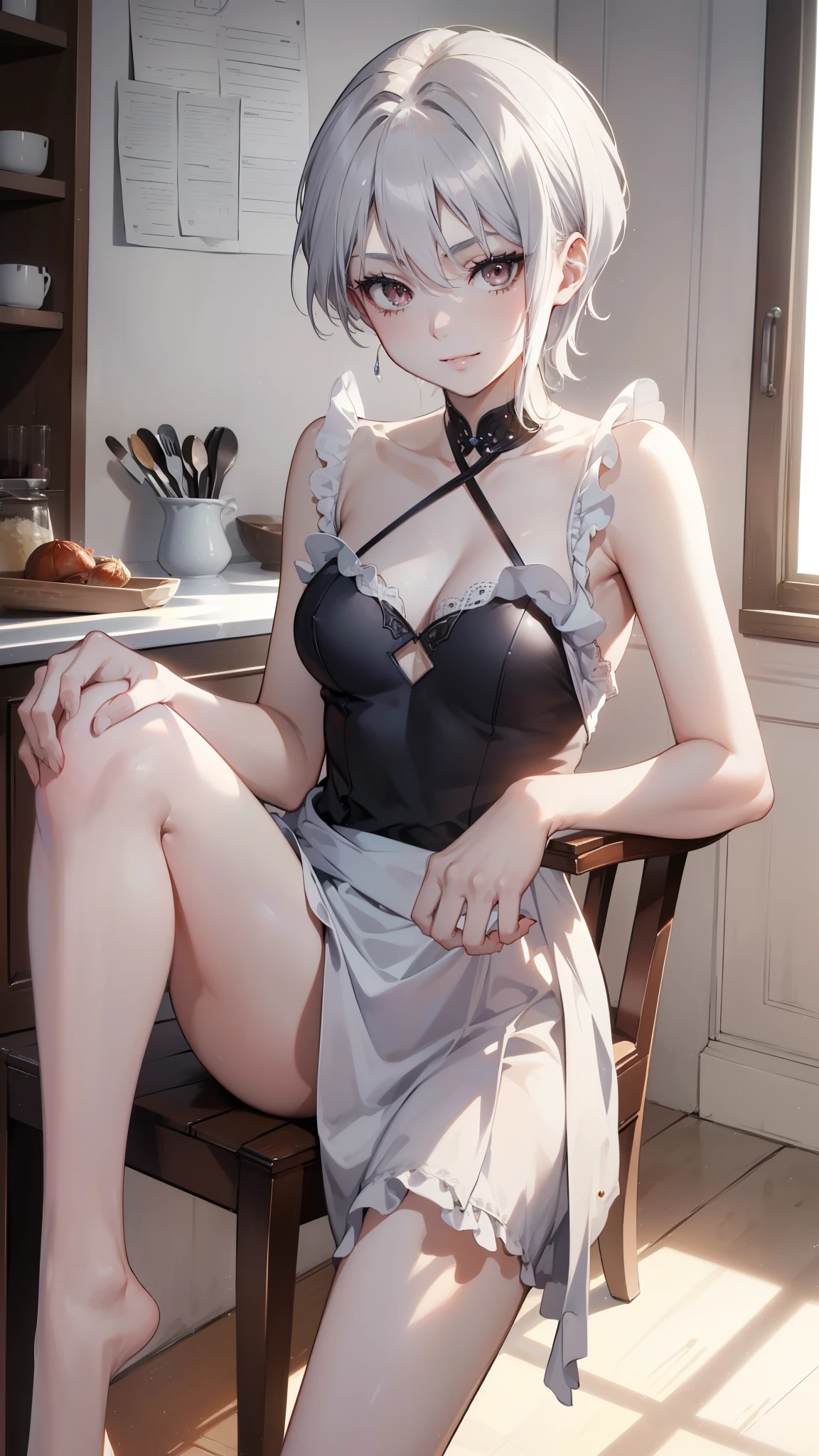 (highest quality, 8k, masterpiece, best image quality,  ultra hd, delicate and smooth skin, real looking skin, perfect and beautiful face ,perfect and cute face, high detail skin, perfect limbs、thin waist、thin legs)、Cook clothes、evil smile、silver hair、very short hair、in the kitchen、