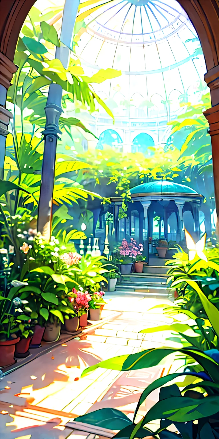 (highest quality, masterpiece, Super realistic), Indoor Botanical Garden, dome, jungle、lots of flowers, The background scenery is a garden with petals and butterflies flying around.. --v6