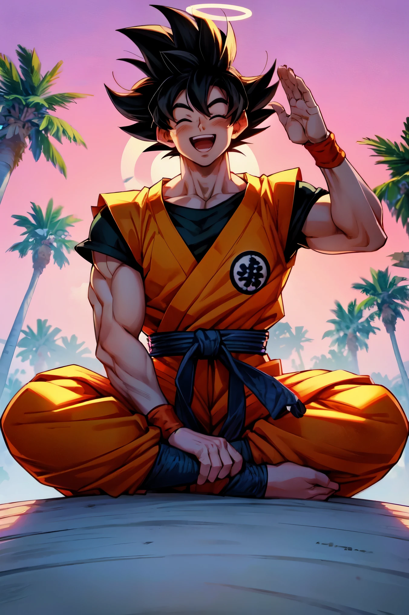 son goku, Super Sayan surrounded by golden Aura, lightning, big muscles charging up power, 4k, yellow Hair, yellow Pupils, high details, epic, cinematic