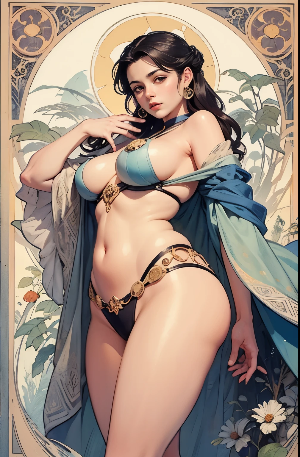 ((masterpiece)), (best quality), (Work),  Art Nouveau watercolor painting , moon goddess  , big breasts，The nipples are prominently prominent，robe，thong，show navel，exposed camel toe，big eyes, long, thick eyelashes, plump lips, dark red eyes, hair long and thick,  high ponytail, chubby, flowery_background, Intricate designs and patterns in the style of Alphonse Mucha.from below