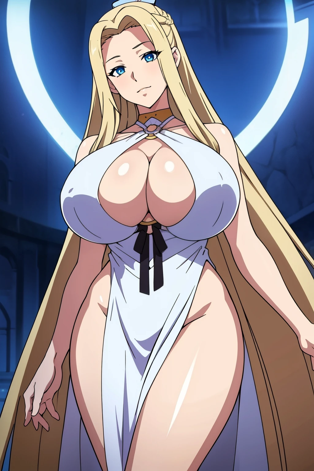 An anime-style artwork depicting celestine lucullus from the game kuroinu.

Tags: celestine lucullus, anime, detailed eyes, detailed lips, blonde hair, white dress, smiling expression, intense gaze, glowing emblem on hand, dynamic pose, mystical background, vibrant colors, digital art, high-resolution, professional quality, gigantic breasts, cleavage, huge tits, fullbody.