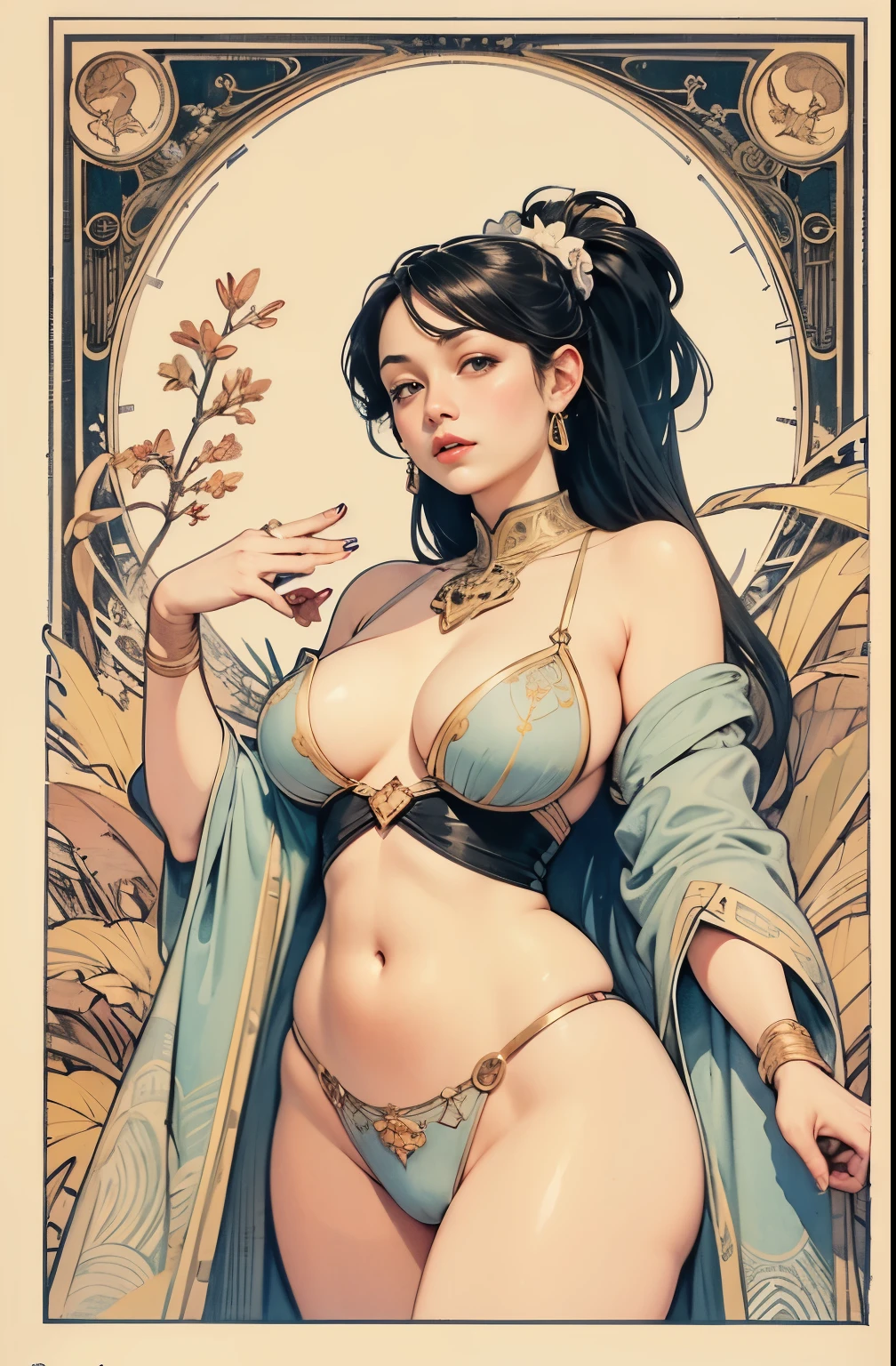 ((masterpiece)), (best quality), (Work),  Art Nouveau watercolor painting , moon goddess  , big breasts，The nipples are prominently prominent，robe，thong，show navel，exposed camel toe，big eyes, long, thick eyelashes, plump lips, dark red eyes, hair long and thick,  high ponytail, chubby, flowery_background, Intricate designs and patterns in the style of Alphonse Mucha.from below