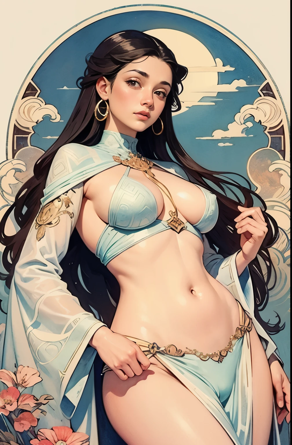 ((masterpiece)), (best quality), (Work),  Art Nouveau watercolor painting , moon goddess  , big breasts，The nipples are prominently prominent，robe，thong，show navel，exposed camel toe，big eyes, long, thick eyelashes, plump lips, dark red eyes, hair long and thick,  high ponytail, chubby, flowery_background, Intricate designs and patterns in the style of Alphonse Mucha.from below