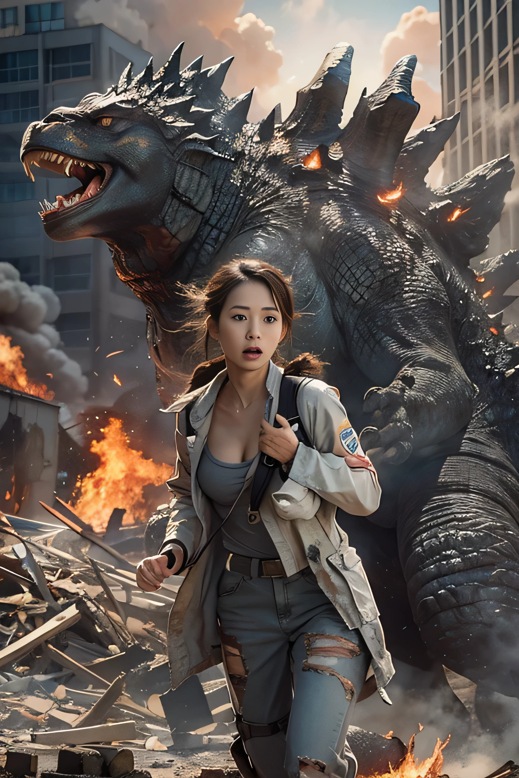 movie heroine "godzilla godzilla". A Japanese woman desperately runs away from Godzilla in devastated Los Angeles.., , messy hair, Tattered pilot suit, torn clothes, cleavage, running through the rubble. crumbling building, burning flame, explosion、white skin, smooth skin, amazingly beautiful face, be familiar with, realistic, 8k.
negative prompt.