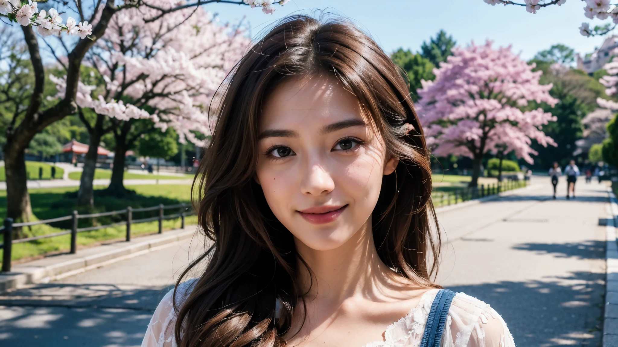 masterpiece, Best Quality, Photorealistic, Ultra-detailed, finely detailed, High resolution, 8K Wallpaper, 1 beautiful woman, light brown hair, sharp focus, Perfect dynamic composition, Beautiful detailed eyes, detailed hairs, Detailed realistic skin texture, Smiling, portrait, Model body type, Take a walk in the park with cherry blossoms and Japanese Castle background,