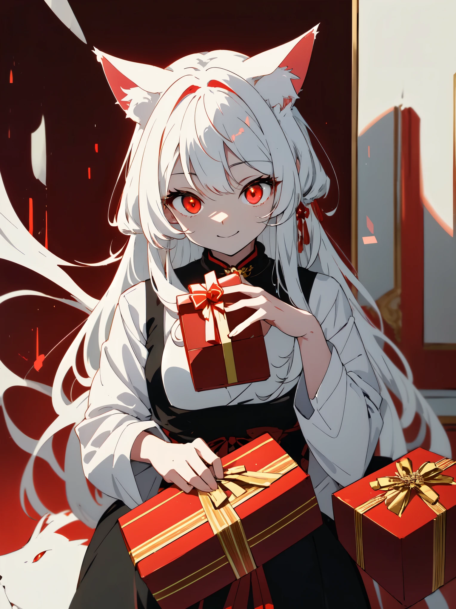 ((highest quality、masterpiece、glowing red eyes、detailed))、beautiful face、white cat ears、long white hair、red cheongsam sitting smile anime style 、holding a gift parcel in one hand