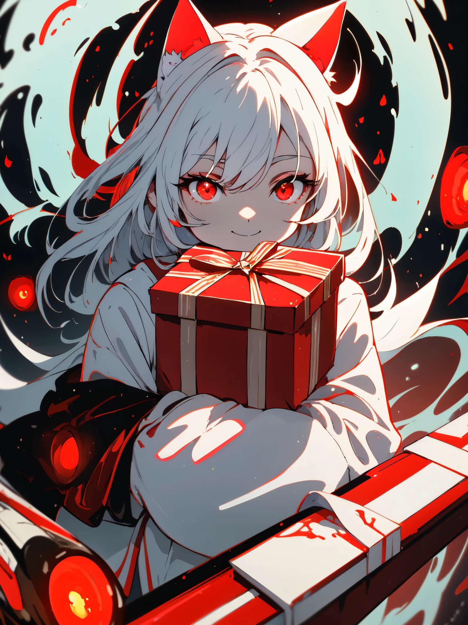 ((highest quality、masterpiece、glowing red eyes、detailed))、beautiful face、white cat ears、long white hair、red cheongsam sitting smile anime style  、holding a gift parcel in one hand