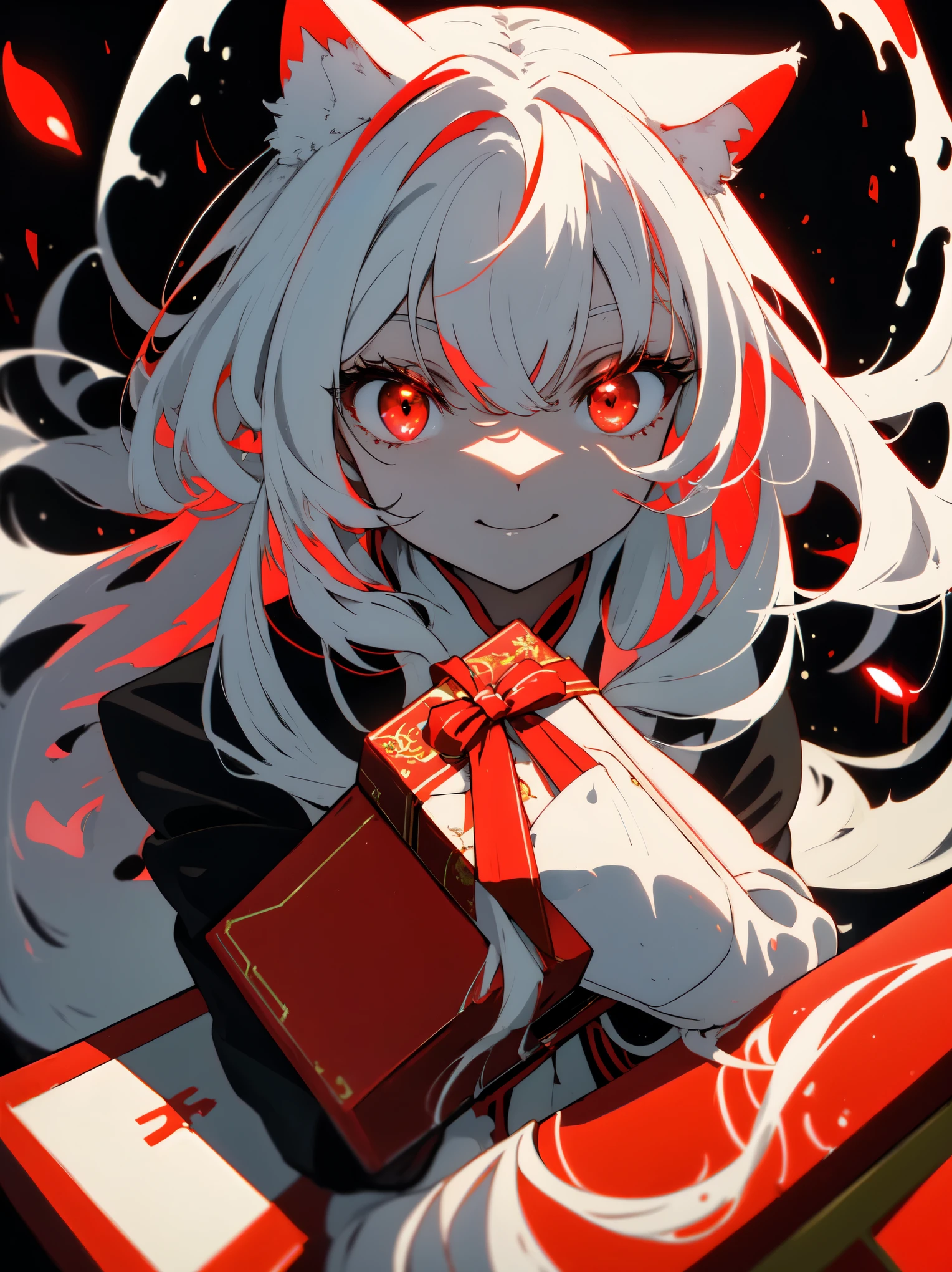 ((highest quality、masterpiece、glowing red eyes、detailed))、beautiful face、white cat ears、long white hair、red cheongsam sitting smile anime style 、holding a gift parcel in one hand