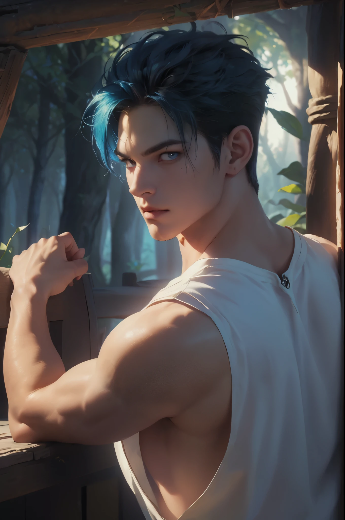 ((absurdres, highres, ultra detailed, perfect face), 1 male , front view, , handsome boy villain character from Final Fantasy VII, short blue hair, red eyes, sando safari clothes with colorful details, smoky eyes , looking on the viewer, add red details to picture and smirk, dimples, extremely detailed CG unity 8k wallpaper, add blue details on side, intricate details and add yellow details on left, carnival background, detailed spooky carnival scenery from a far view,