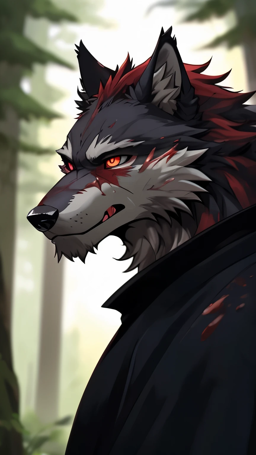 a scene in, depth of field, motion blur, Ridiculous, looking at the audience, (best quality), (masterpiece), (Super detailed), sharp focus, eyes, blood color eyes, hairy, alone, Dark red fur, close face, Profile picture,,Grimly, Humanity (Wolf), male, (Wolf), middle aged, muscular, Black robe, Super detailed face,Giant body shape,in the forest,Bloodthirsty,Crimson fur,ferocious,full body portrait