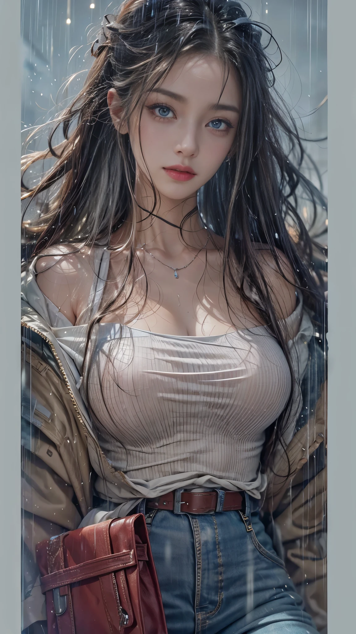(RAW shooting:1.5, Photoreal:1.5, 8k, highest quality, masterpiece, ultra high resolution), perfect dynamic composition:1.2, street corner at night, look up at the sky:1.3, (((Typhoon heavy rain))), Highly detailed skin and facial textures:1.2, Slim high school girl wet in the rain:1.3, sexy beauty:1.2, perfect style, beautiful and aesthetic, Fair skin, very beautiful face, (rain drips all over my body:1.2, wet hair:1.3, wet clothes:1.3), water droplets on the skin, (Medium chest, Chest gap), (embarrassing smile, The expression on your face when you feel intense caress, Facial expression when feeling pleasure), (beautiful blue eyes, Eyes that feel beautiful eros:0.8), (Too erotic:0.9, Bewitching:0.9), cowboy shot, perfect limbs, perfect fingers
