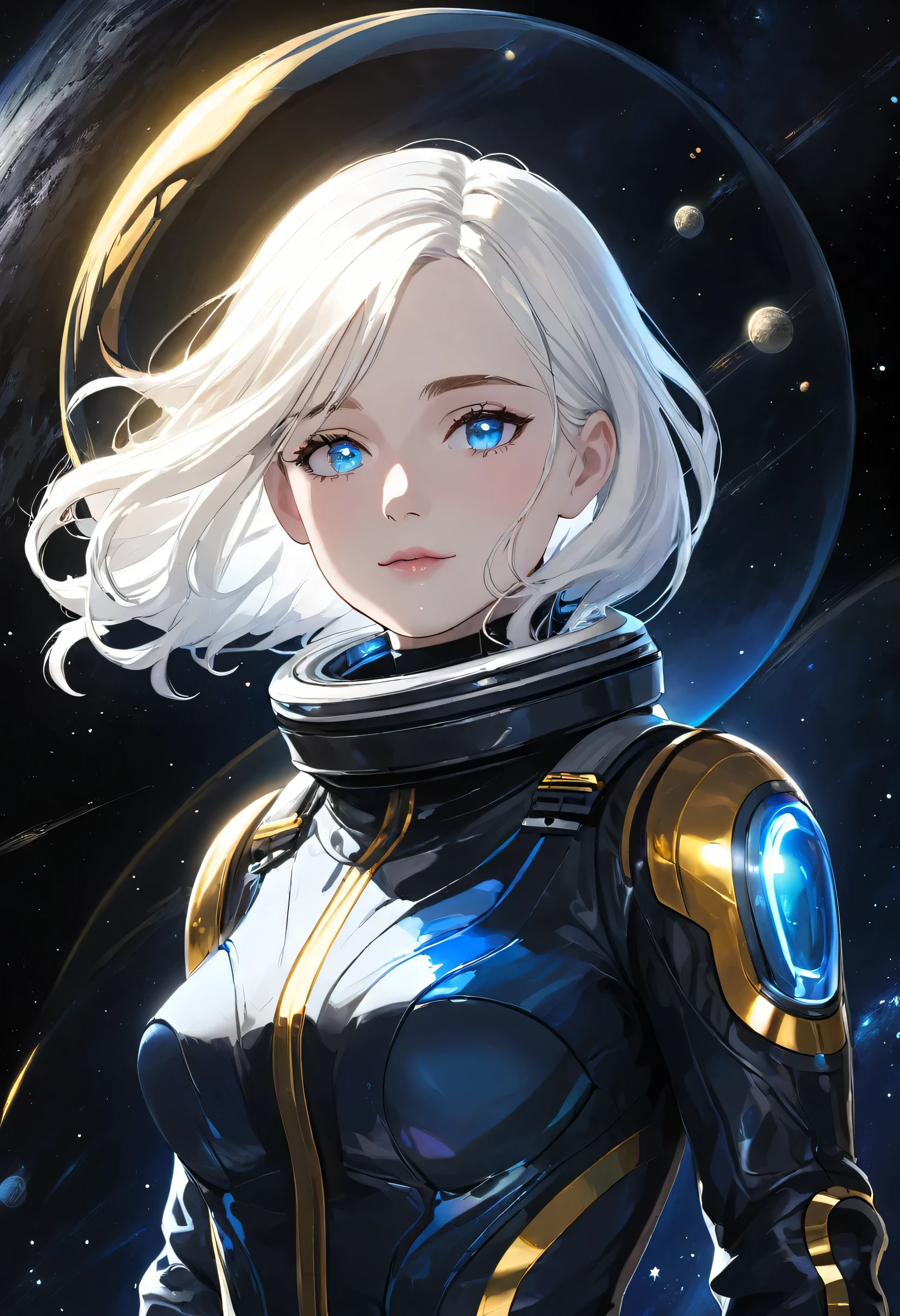 woman and ,golden white hair,blue eyes,,,Black spacesuit