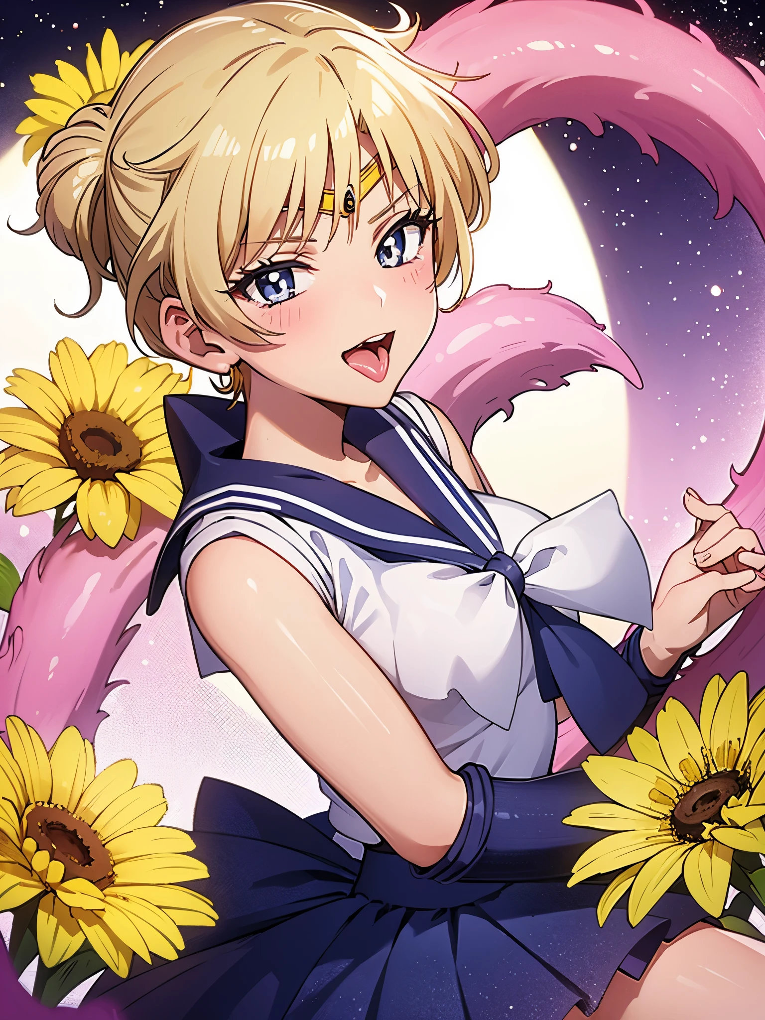 (masterpiece), highest quality, expressive eyes, perfect face, open your mouth, cum on tongue, cum in mouth, tongue, tongue out, short hair, blush, smile, Ahegao, medium breasts, short hair, Sailor Moon Uranus, blonde, blush, Sweat