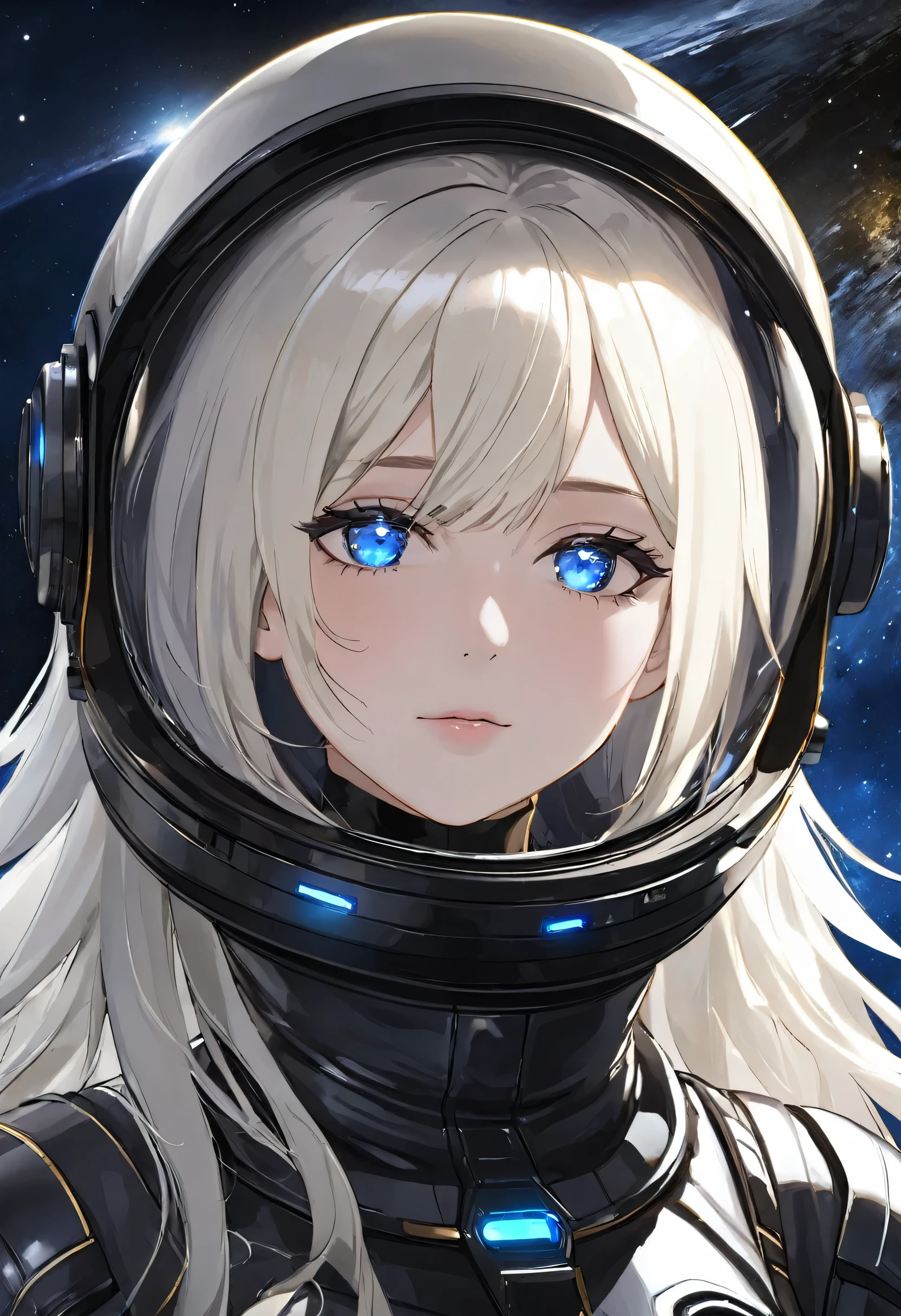woman and ,golden white hair,blue eyes,,,Black spacesuit