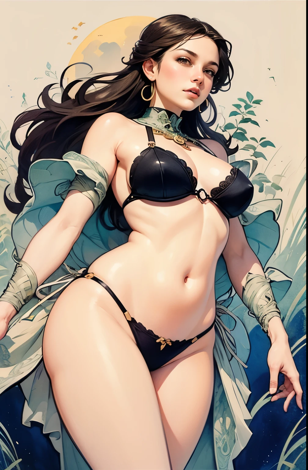 ((masterpiece)), (best quality), (Work),  Art Nouveau watercolor painting , moon goddess  , big breasts，The nipples are prominently prominent，ultra thin bra，thong，show navel，exposed camel toe，big eyes, long, thick eyelashes, plump lips, dark red eyes, hair long and thick,  high ponytail, chubby, flowery_background, Intricate designs and patterns in the style of Alphonse Mucha.from below