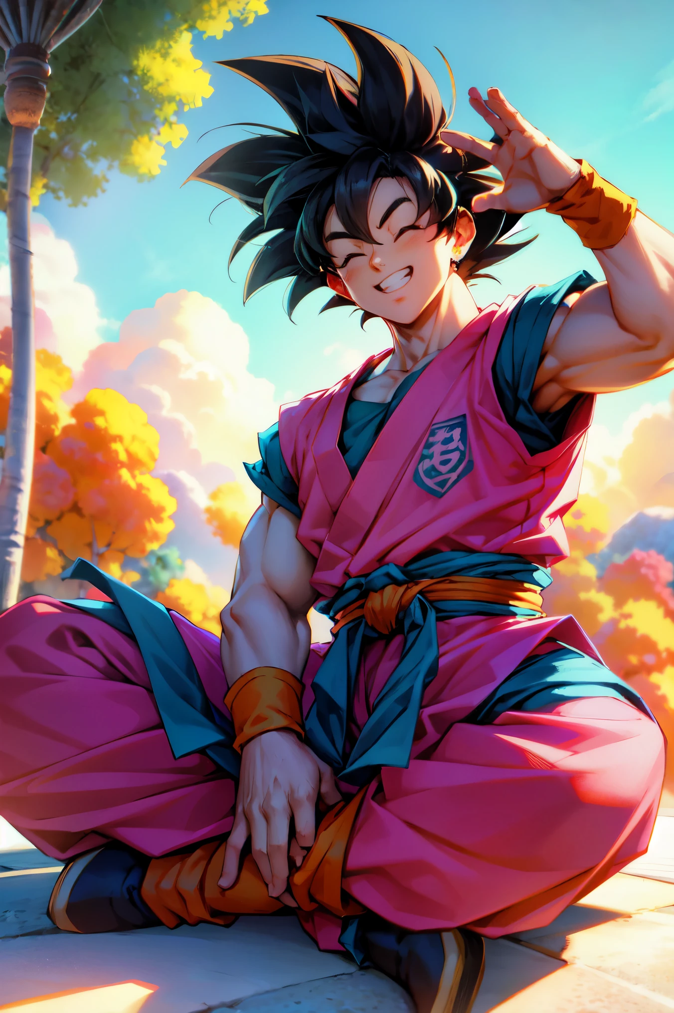 son goku, Super Sayan surrounded by golden Aura, lightning, big muscles charging up power, 4k, yellow Hair, yellow Pupils, high details, epic, cinematic