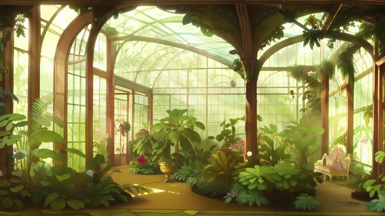 Close-up of a large room with many plants, greenhouse, in bloom greenhouse, greenhouse, Art nouveau environment, art nouveau jungle environment, huge greenhouse, glass greenhouse, over grown Botanical garden, Botanical garden, victorian era, Botanical, with garden, Fairey Palace, flower environment, french garden, atrium, Written by Isidore Bonheur