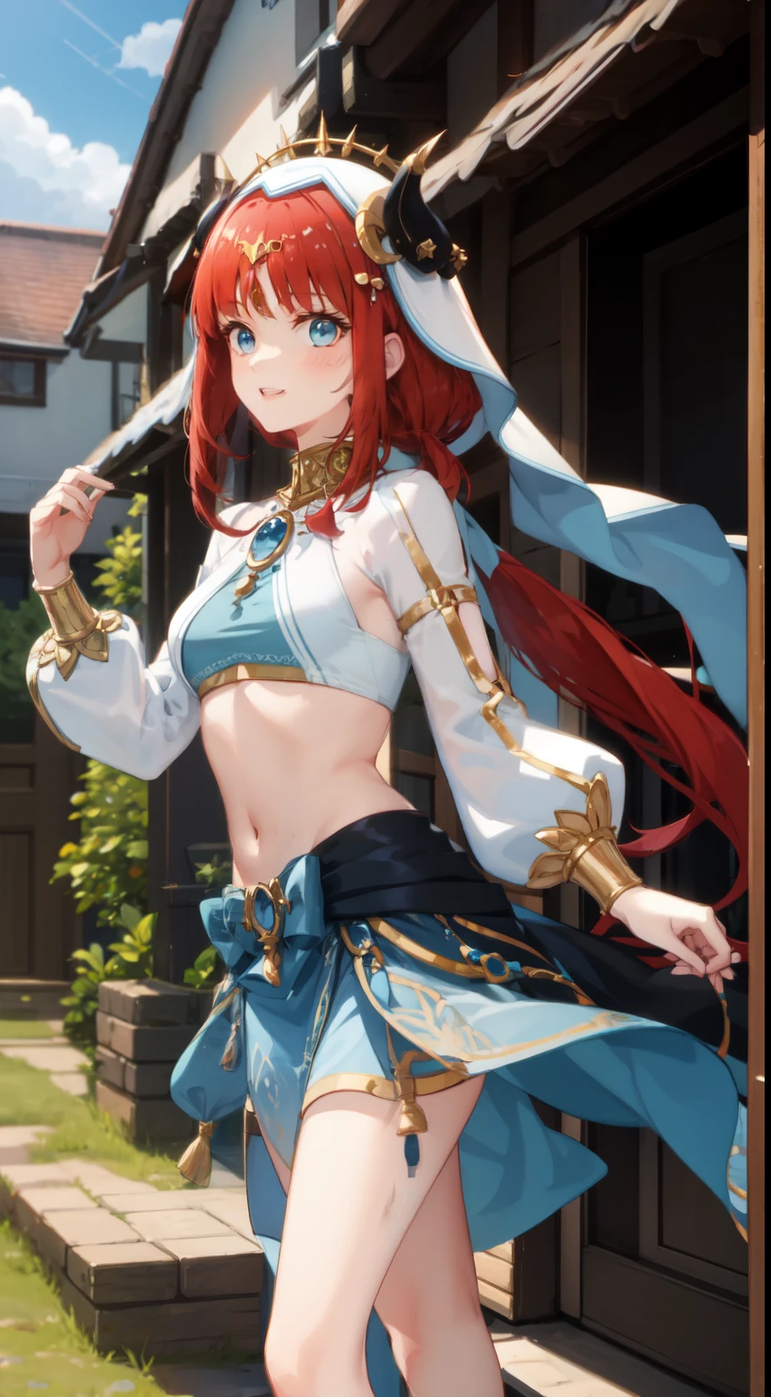 thin legs, blue eyes, Mud building, Red hair, long hair, Enchanting , Medium chest, happy