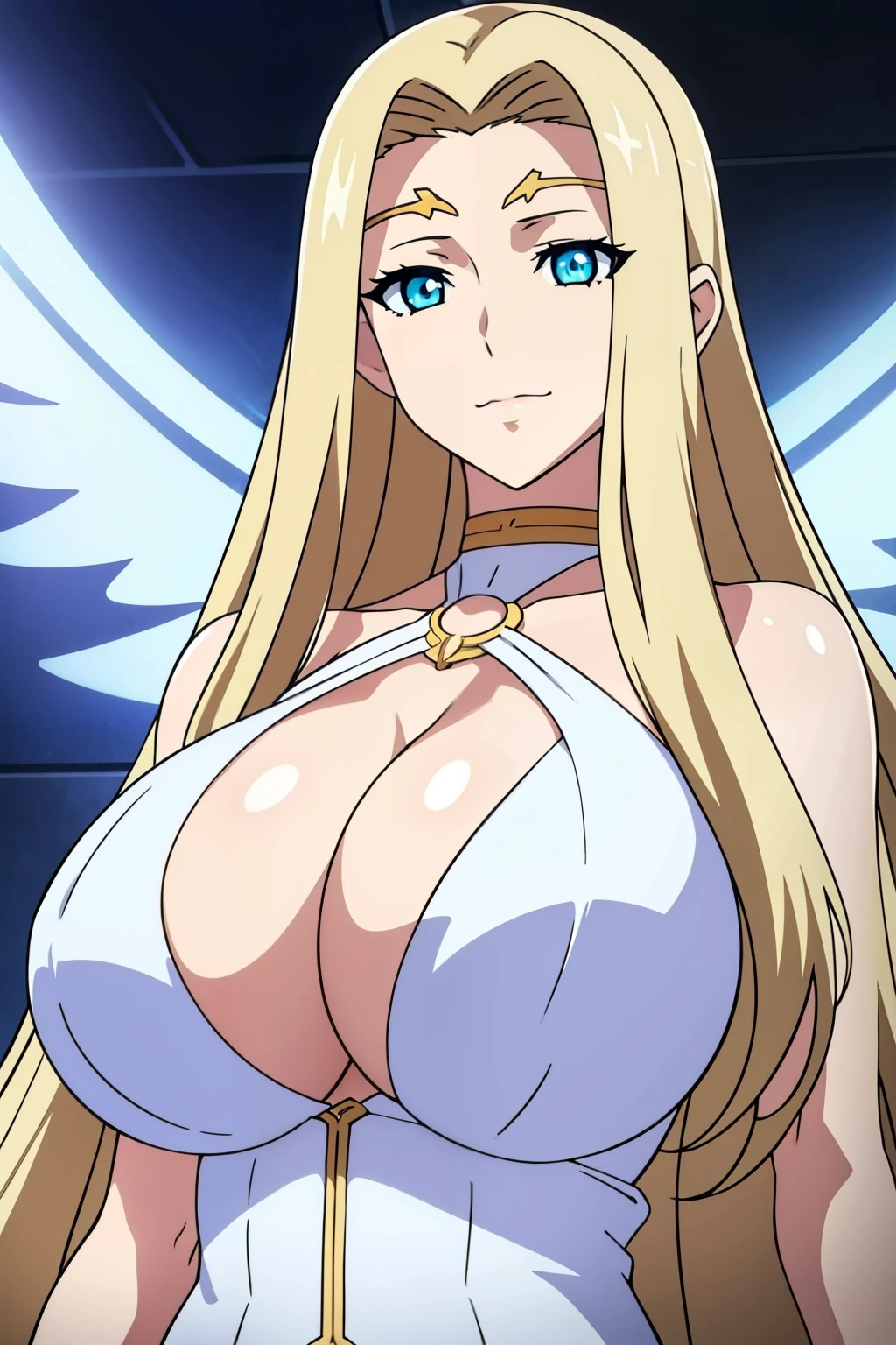 An anime-style artwork depicting Cerestia of Life from the game Last Origin.

Tags: Cerestia of Life, anime, detailed eyes, detailed lips, blonde hair, white dress, smiling expression, intense gaze, glowing emblem on hand, dynamic pose, mystical background, vibrant colors, digital art, high-resolution, professional quality, gigantic breasts, cleavage, huge tits.