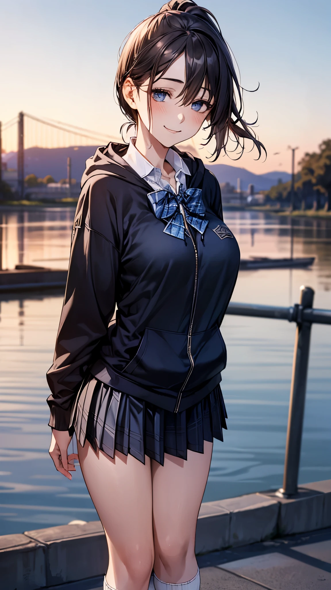 (masterpiece:1.2, top-quality), (realistic, photorealistic:1.4), beautiful illustration, (natural side lighting, movie lighting),
looking at viewer, full body, front view, 1 girl, japanese, high school girl, perfect face, cute and symmetrical face, shiny skin,
(short hair:1.2, ponytail:1.2, sidelocks, brown hair), hair between eyes, blue eyes, long eye lasher, (large breasts:0.6, seductive thighs),
beautiful hair, beautiful face, beautiful detailed eyes, beautiful clavicle, beautiful body, beautiful chest, beautiful thigh, beautiful legs, beautiful fingers,
(((black hoodies, open hoodies), long sleeve white collared shirts, navy pleated skirt, white loose socks, blue plaid bow tie ,)),
(beautiful scenery), evening, riverside, (hand in my pocket), , (lovely smile, upper eyes),