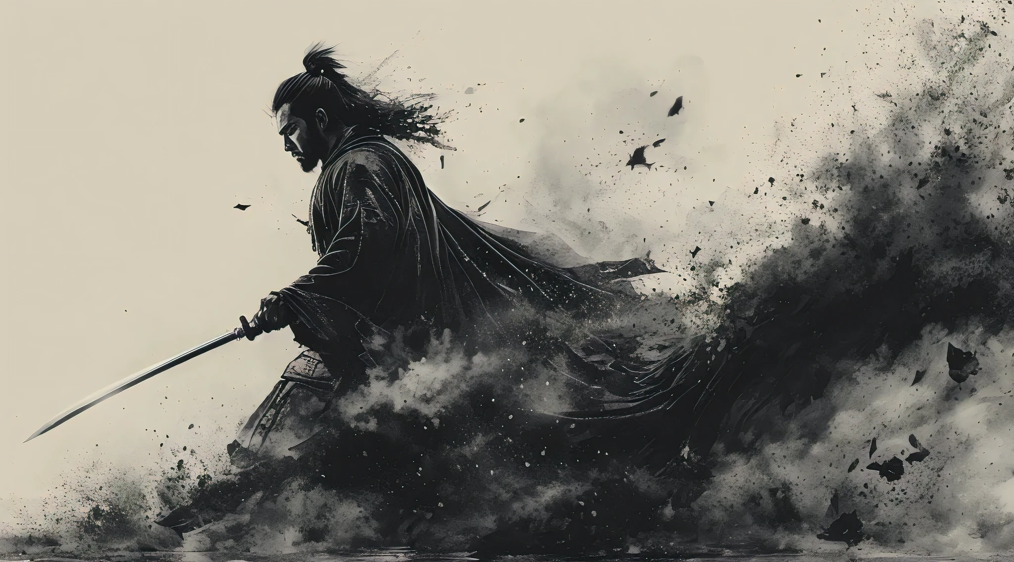 (best quality, masterpiece:1.2), Black and white ink painting in oil painting style, Akira Kurosawa,front view,First-person perspective, A man in the ground with a gorgeous samurai sword, ground debris flies towards the audience, dust is flying, exaggerated perspective,long shot, breathtaking moment,chiaroscuro, realistic, ultra detailed,focus on the face, extreme close-up, buttom view, cinematic lighting, CG