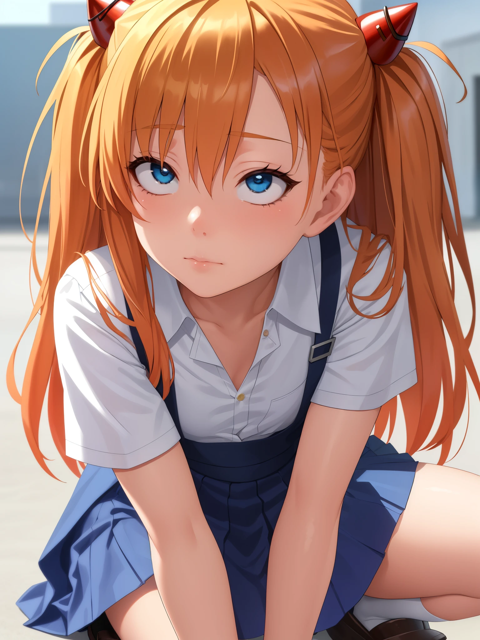 (masterpiece, highest quality:1.2), (Tsurime:1.2),
(face focus, close up of face, close up of face:1.2), Tsurime, 1 girl, Soryu Asuka Langley, alone, blue eyes, school uniform, looking at the viewer, long hair, think back, Tokyo-3 middle school , orange hair, white shirt, from behind, shirt, short sleeve, closed mouth, bangs, two side up, stage, legs stick out from frame, white socks, suspender skirt, blue skirt, blue dress, outdoors, dress, hair ornaments,