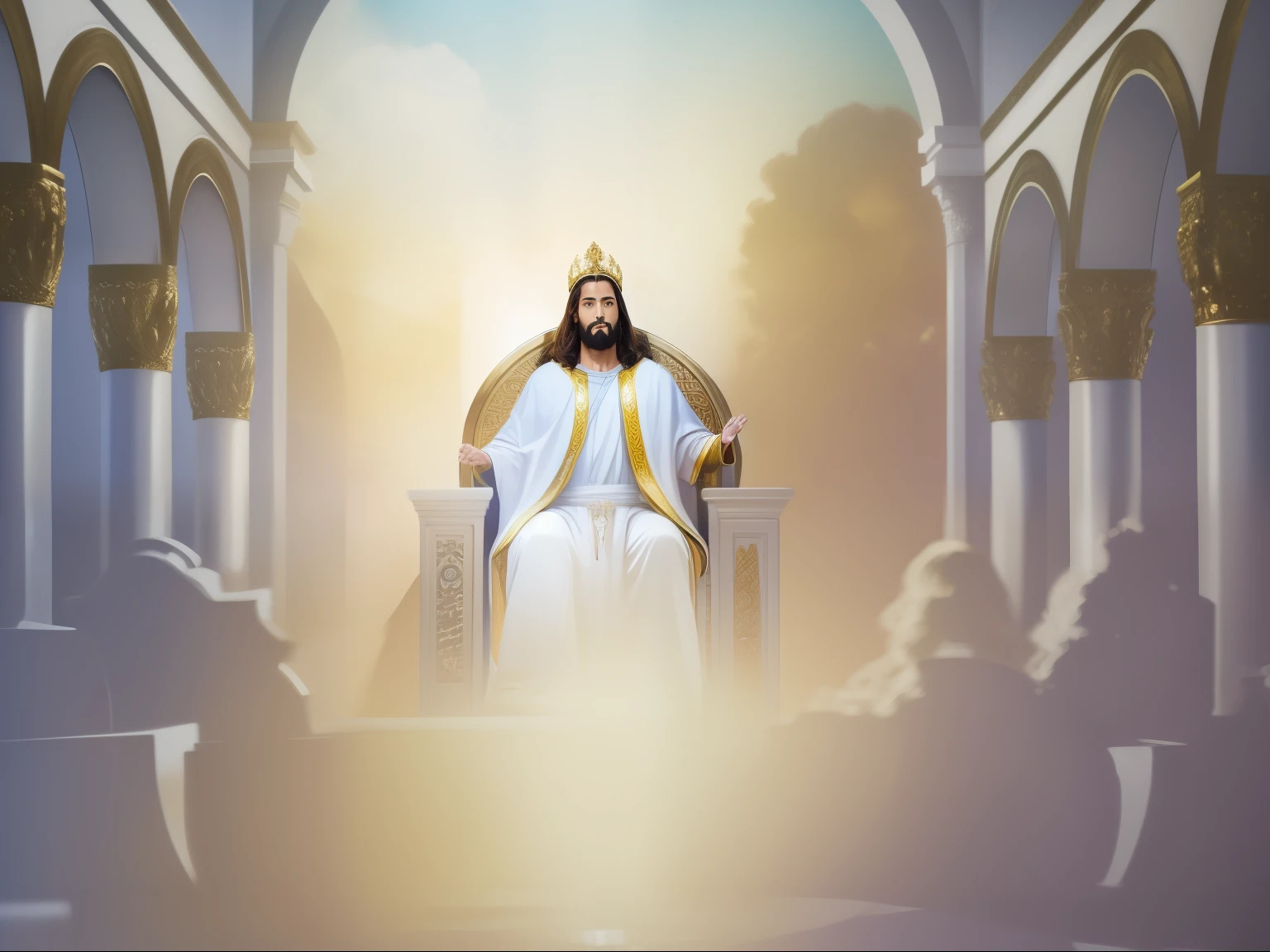 arafed image of jesus sentado em um trono in a church, sentou-se em seu trono, sentado em seu trono, Rei dos Reis, descansando em seu trono, sentado em um trono, muitas coroas!! in his head, sentado no trono, sentado em um trono dourado, senhor do inferno no trono, sentado em um trono, sentado no trono dourado
