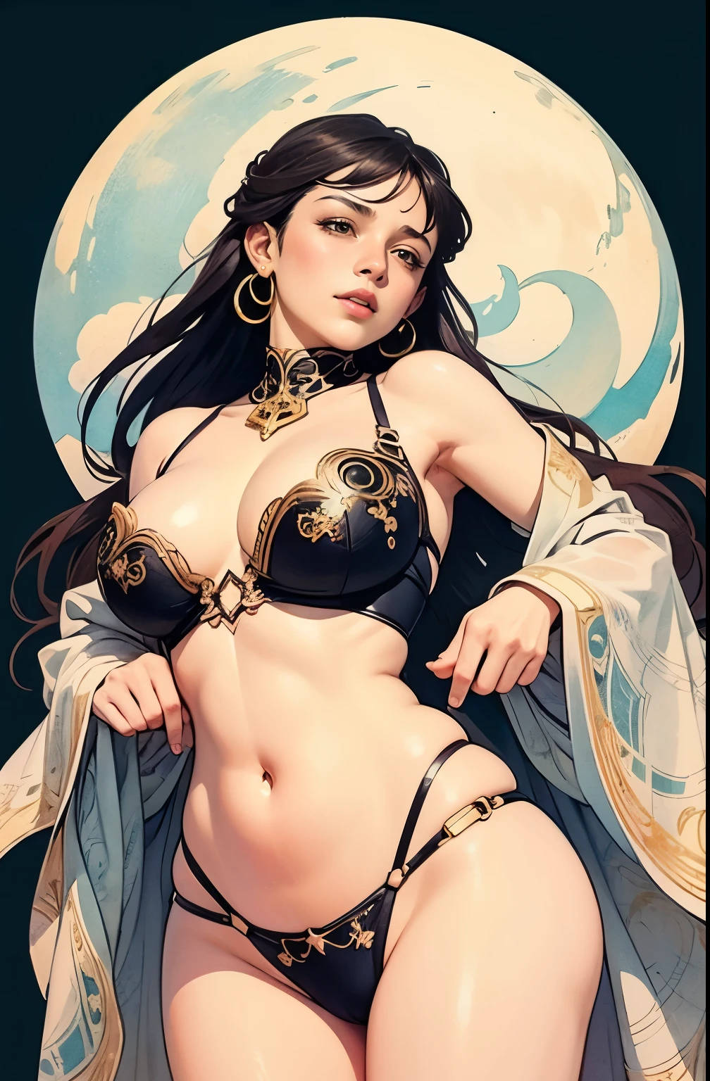 ((masterpiece)), (best quality), (Work),  Art Nouveau watercolor painting , moon goddess  , big breasts，The nipples are prominently prominent，ultra thin bra，thong，show navel，exposed camel toe，big eyes, long, thick eyelashes, plump lips, dark red eyes, hair long and thick,  high ponytail, chubby, flowery_background, Intricate designs and patterns in the style of Alphonse Mucha.from below