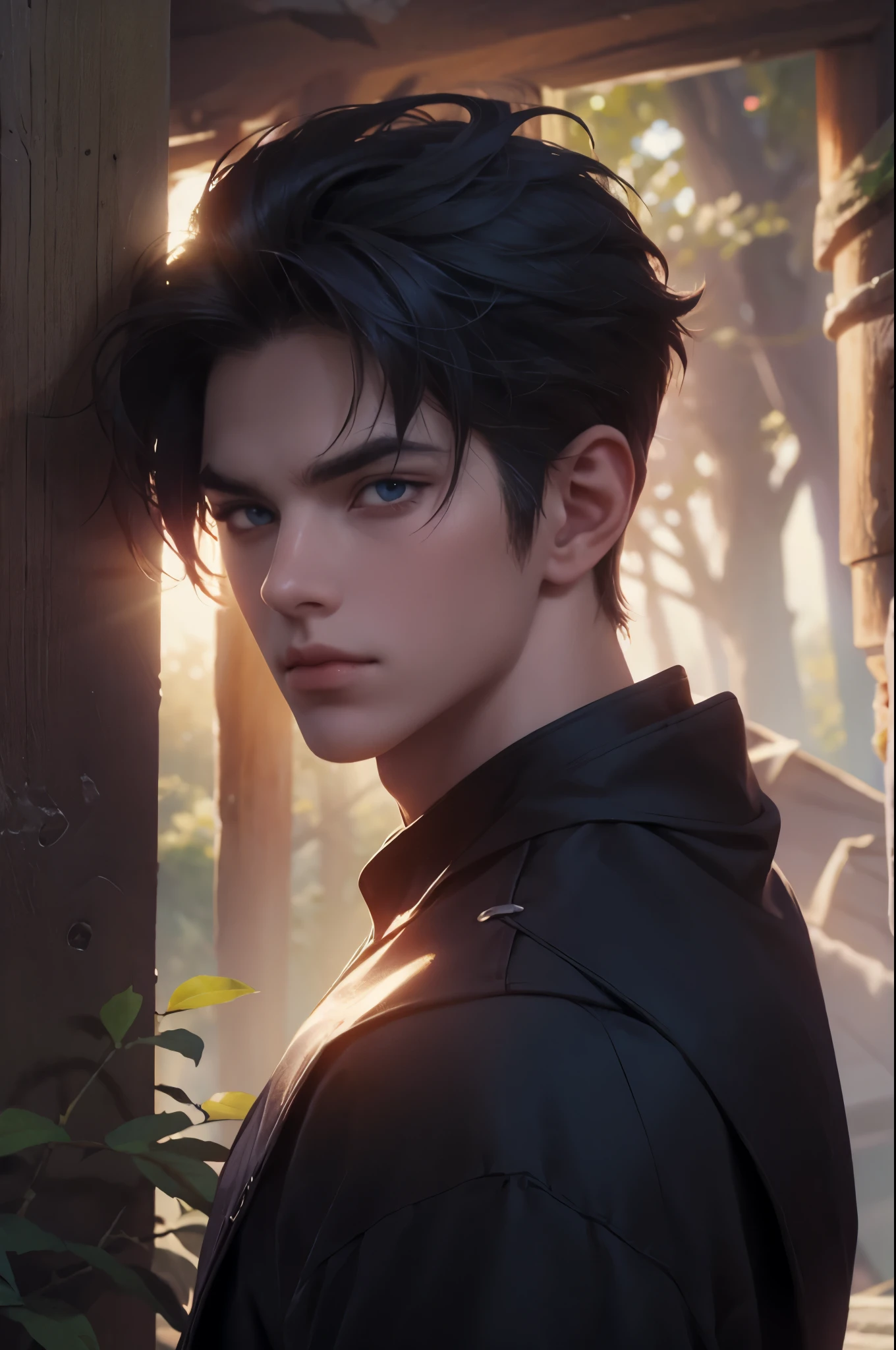 ((absurdres, highres, ultra detailed, perfect face), 1 male , front view, teen boy, handsome boy villain character from Final Fantasy VII, short blue hair, red eyes, sando safari clothes with colorful details, smoky eyes , looking on the viewer, add red details to picture and smirk, dimples, extremely detailed CG unity 8k wallpaper, add blue details on side, intricate details and add yellow details on left, carnival background, detailed spooky carnival scenery from a far view,