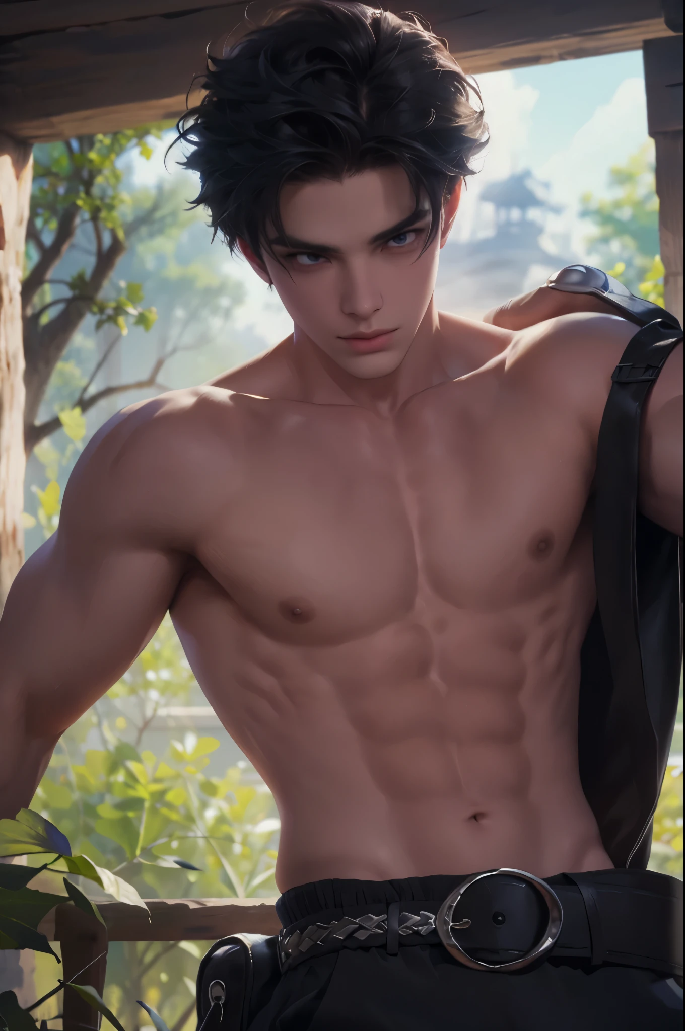 ((absurdres, highres, ultra detailed, perfect face), 1 male , front view, boy, handsome boy villain character from Final Fantasy VII, short blue hair, red eyes, sando safari clothes with colorful details, smoky eyes , looking on the viewer, add red details to picture and smirk, dimples, extremely detailed CG unity 8k wallpaper, add blue details on side, intricate details and add yellow details on left, carnival background, detailed spooky carnival scenery from a far view,