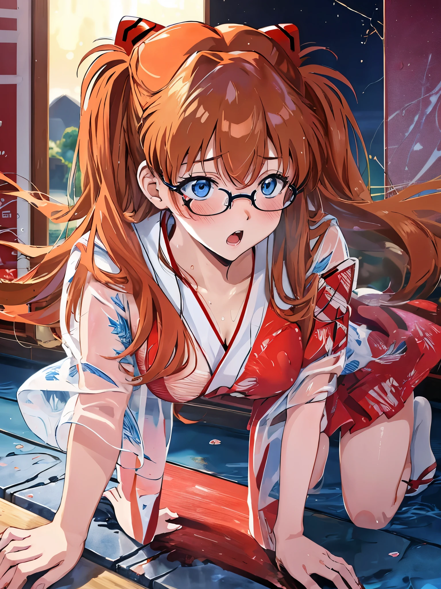 highest quality, masterpiece, ultra high resolution, 8K, formal, magazine cover, (Soulyu Asuka Langley), Eva 02, beautiful face, fine eyes,glasses、 detailed blue eyeasterpiece, best quality), nsfw,
mastute piece,Best Quality,insanely detailed,8k cg,
composition seen from behind,
2girls,(girl on all-fours rides on the top of girl on all-fours),(transparent white kimono,wet white kimono,perfect no panties),look back,blush,shy,ecstasy face,gasping,trembling,all girls pink hair,perfect breasts,open mouth,Japanes room,