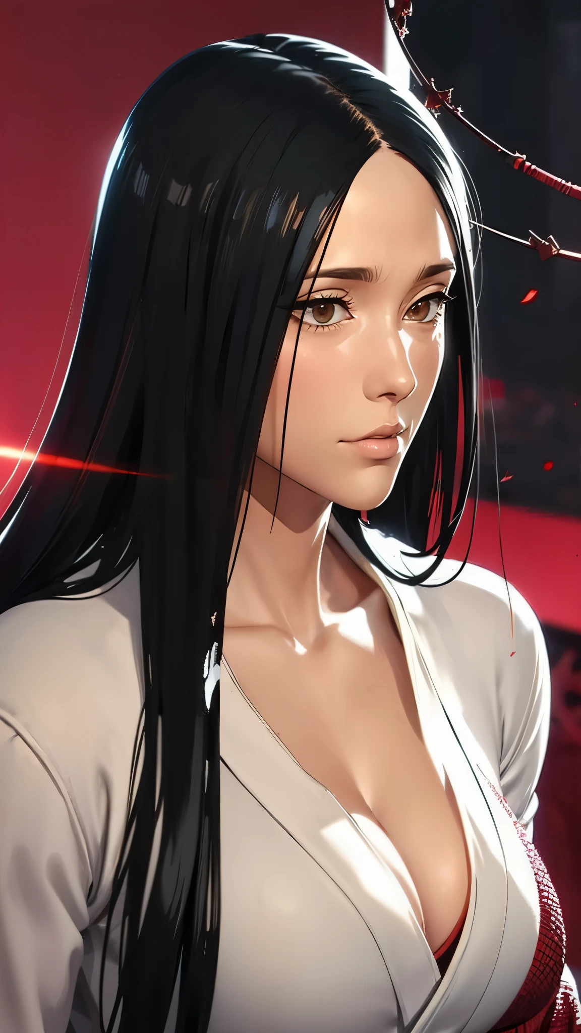 （（（完美figure，figure，（（（bleach，black Japanese clothing,feather woven, red eyes,unohana））），S型figure:1.7））），((masterpiece)),high resolution, ((Best quality at best))，masterpiece，quality，Best quality，（（（ Exquisite facial features，looking at the audience,There is light in the eyes，Happy，lol））），（（（Interlacing of light and shadow，））），（（（looking into camera，red background，Blood）））