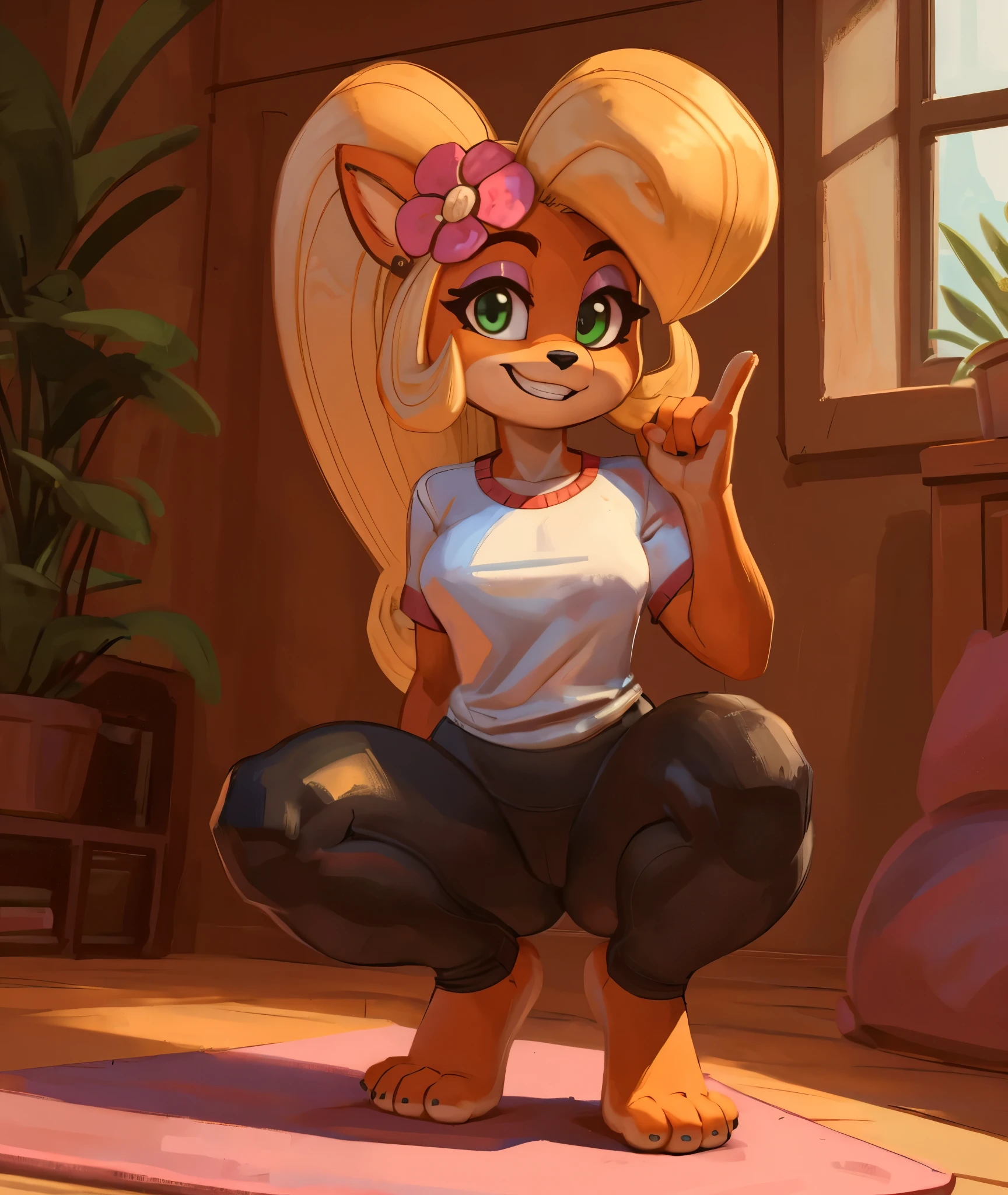 [Coco bandicoot], [Uploaded to e621.net; (wamudraws), (Pixelsketcher)], ((masterpiece)), ((HD)), ((high res)), ((solo portrait)), ((full body)), ((front view)), ((feet visible)), ((furry; anthro)), ((detailed fur)), ((detailed shading)), ((beautiful render art)), ((intricate details)), {anthro; orange fur, black nose, (cute green eyes), (short eyelashes), (pink eyeshadow), blonde curly hair, curly ponytail, (curvy hips), (beautiful legs), (beautiful feet), (humanoid feet), (sexy toes), (cute grin), (excited expression)}, {(white tee shirt), (tight yoga pants), (pink flower in hair)}, {(crouching), (looking at viewer)}, [background; (tropical forest), (living room), (window), (blue sky), (sun rays), (ambient lighting)]