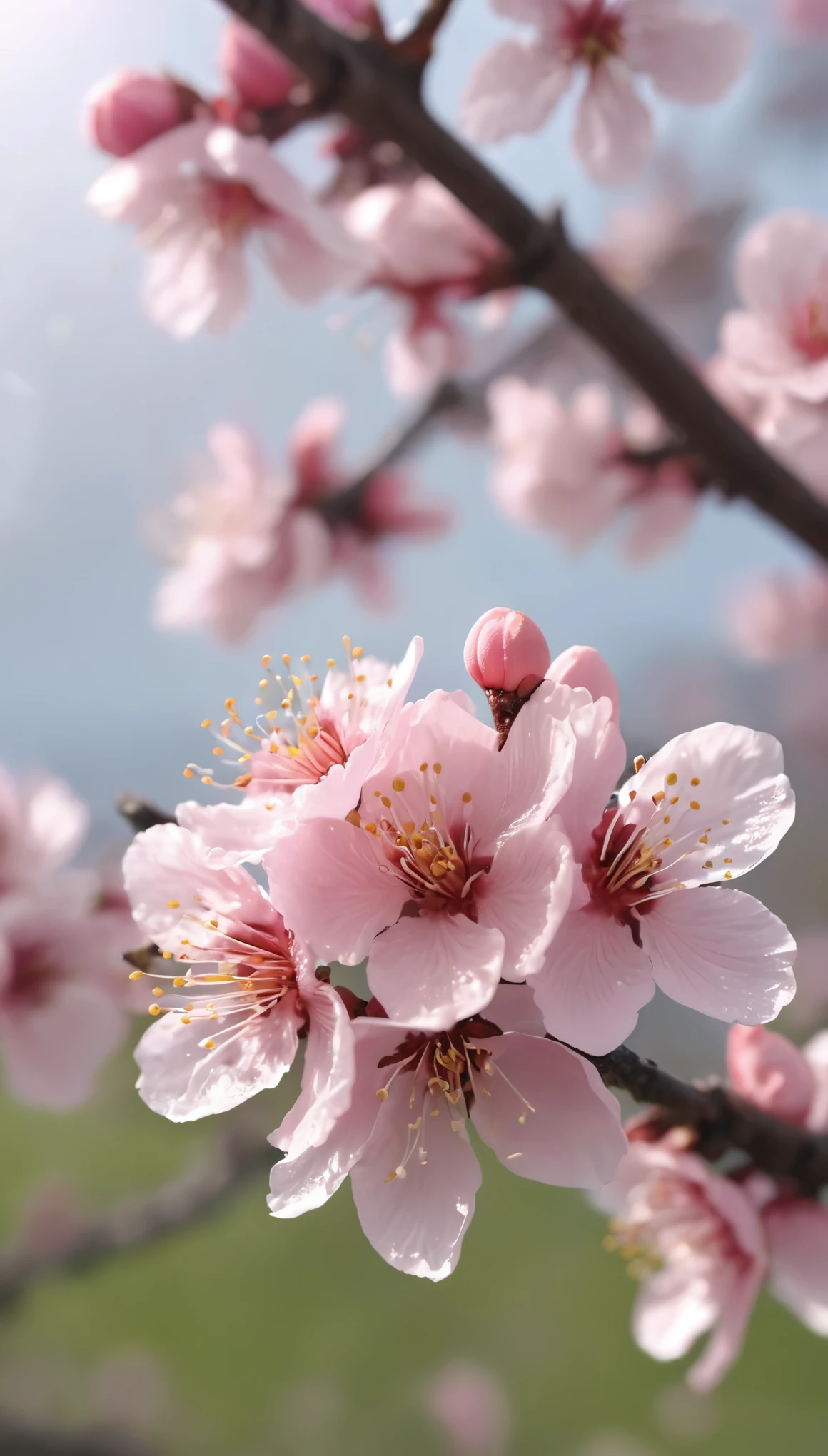 cloudy day，Create high-resolution images of peach blossoms, close up, super detailed, 8k, Sunlight lights，no humans