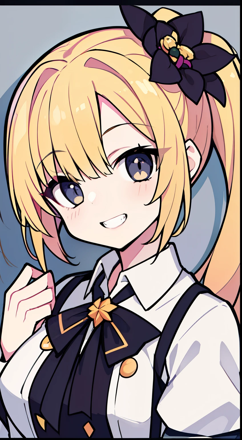 (highest quality、masterpiece:1.2) ((1 girl)) golden hair、black eyes、ponytail、elegant (school uniform) flat chest、beautiful eyes、beautiful hair、beautiful and well-shaped face、beautiful mouth (smile) sharp teeth