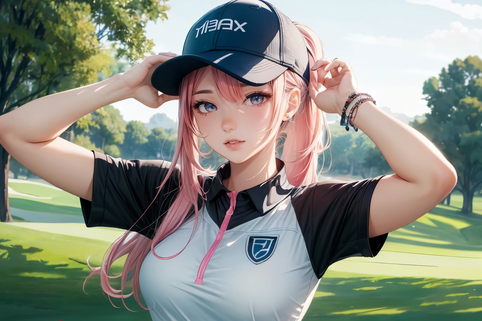 realistic, 1 real girl, gray hair, purple eyes, shining eyes, crop top, skirt, parted lips, blush, night, flowers, sun, sunlight,Have a golf swing、golf woman with big 、peace sign、Have golf clubs、smile、Swinging a golf driver、I can see the pants、A figure playing golf with a putter