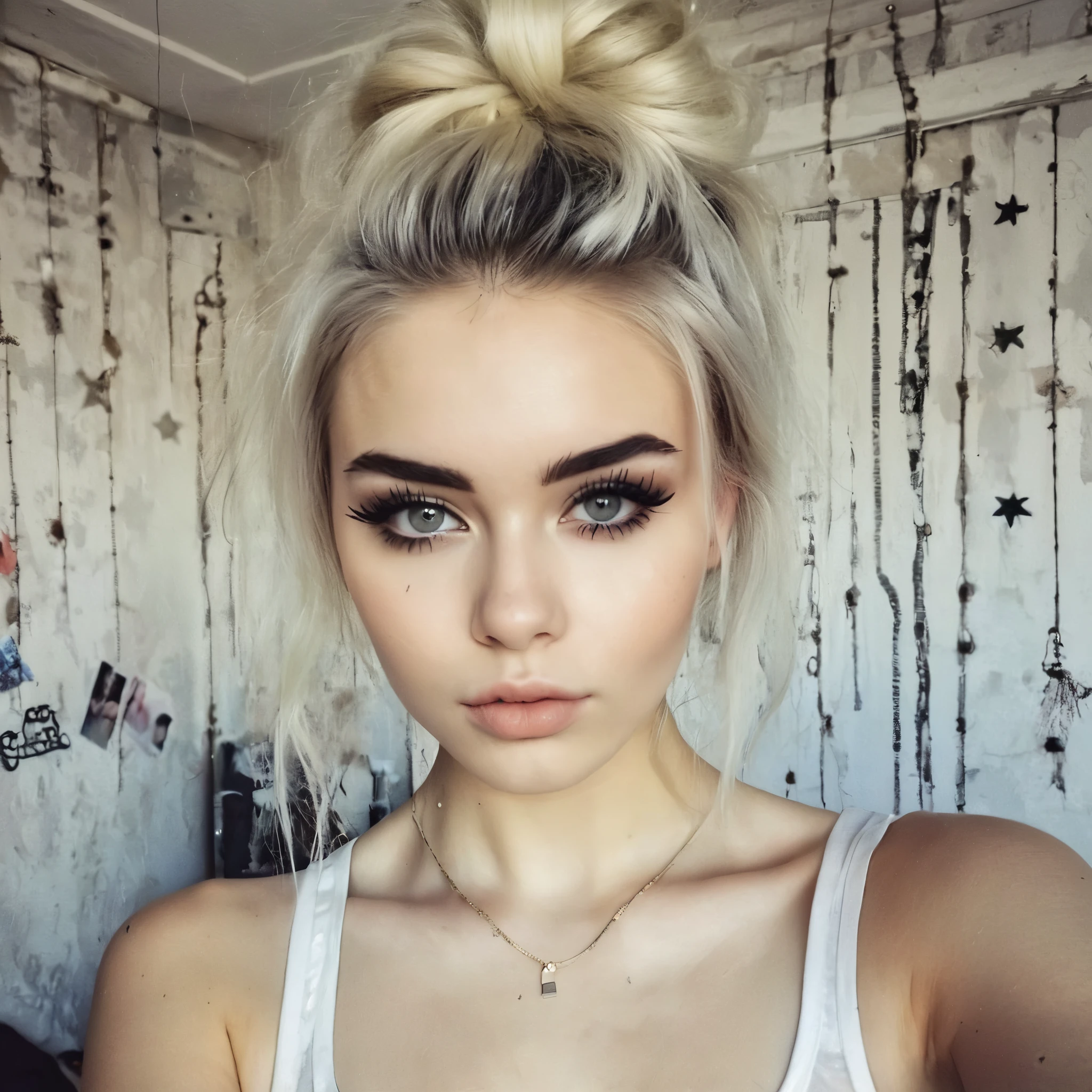 RAW photo, photo of a 22-year-old woman from Russia, (detailed facial features), gorgeous face, grunge style, standing in her dirty bedroom, pale skin, black eyeliner, grainy, (skin with high detail: 1,2), hairstyle square (emo girl), instagram, painted, ((detailed face)), selfie