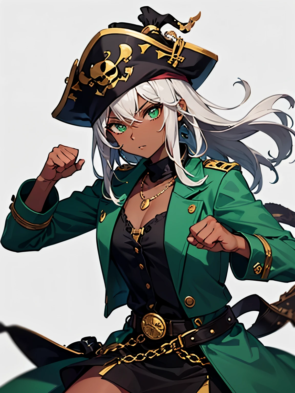 (alta qualidade), (obra de arte), 1 girl, 19 years old, dark skinned, pirate costume (dark green/black palette, pirate hat, coat, cute full blouse, 
cute skirt, small details in gold, necklace), whole body, grey hair, long hair, green eyes, sharp looking, fighting stance, fists clenched 